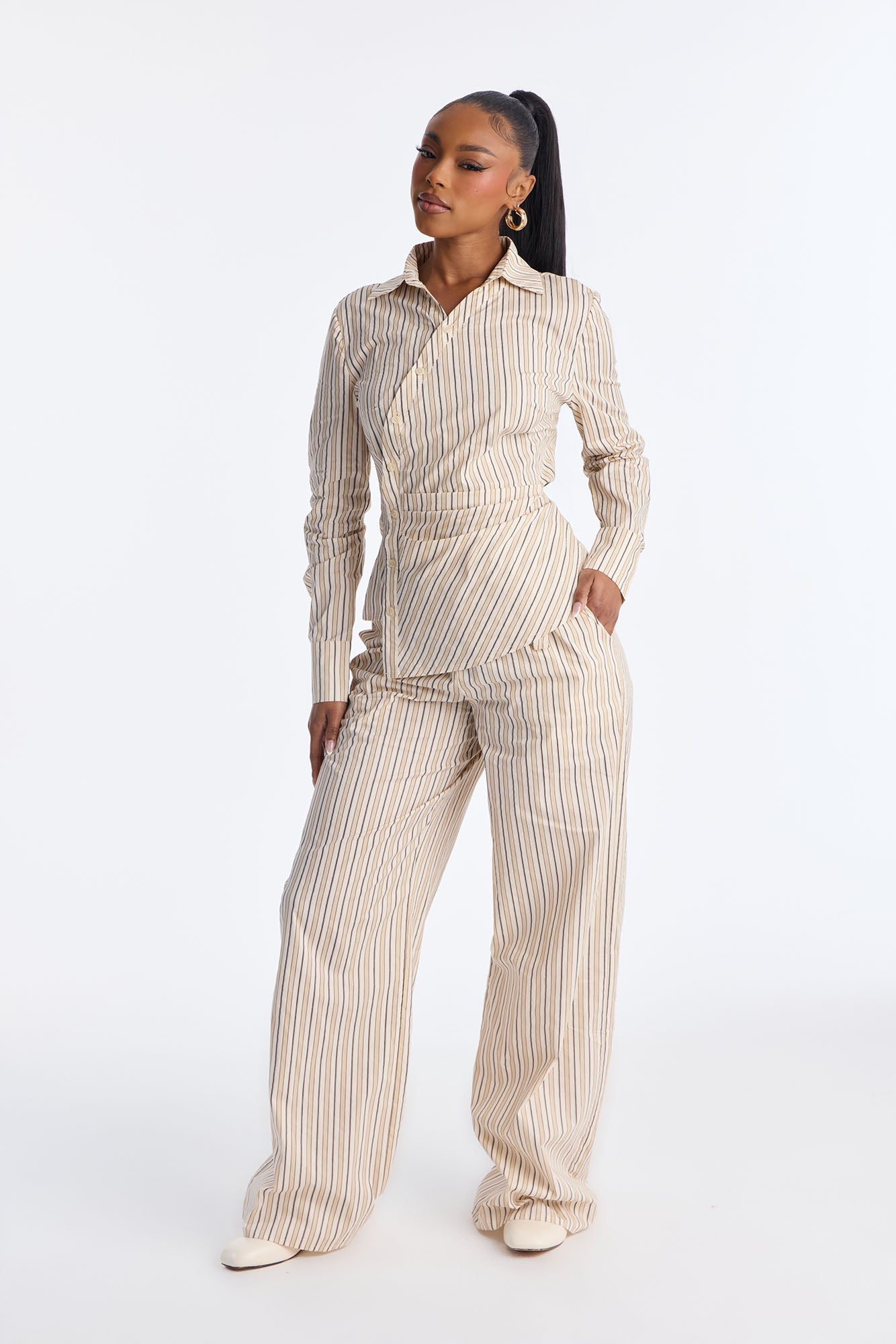 Margot Wrap Pinstripe Pant Set - Cream/combo
