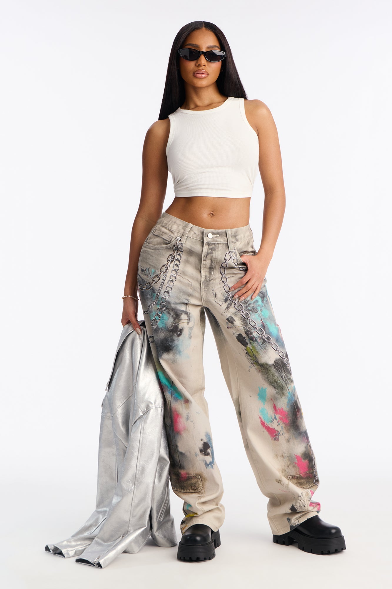 Free For All Printed Loose Jeans - Grey/combo
