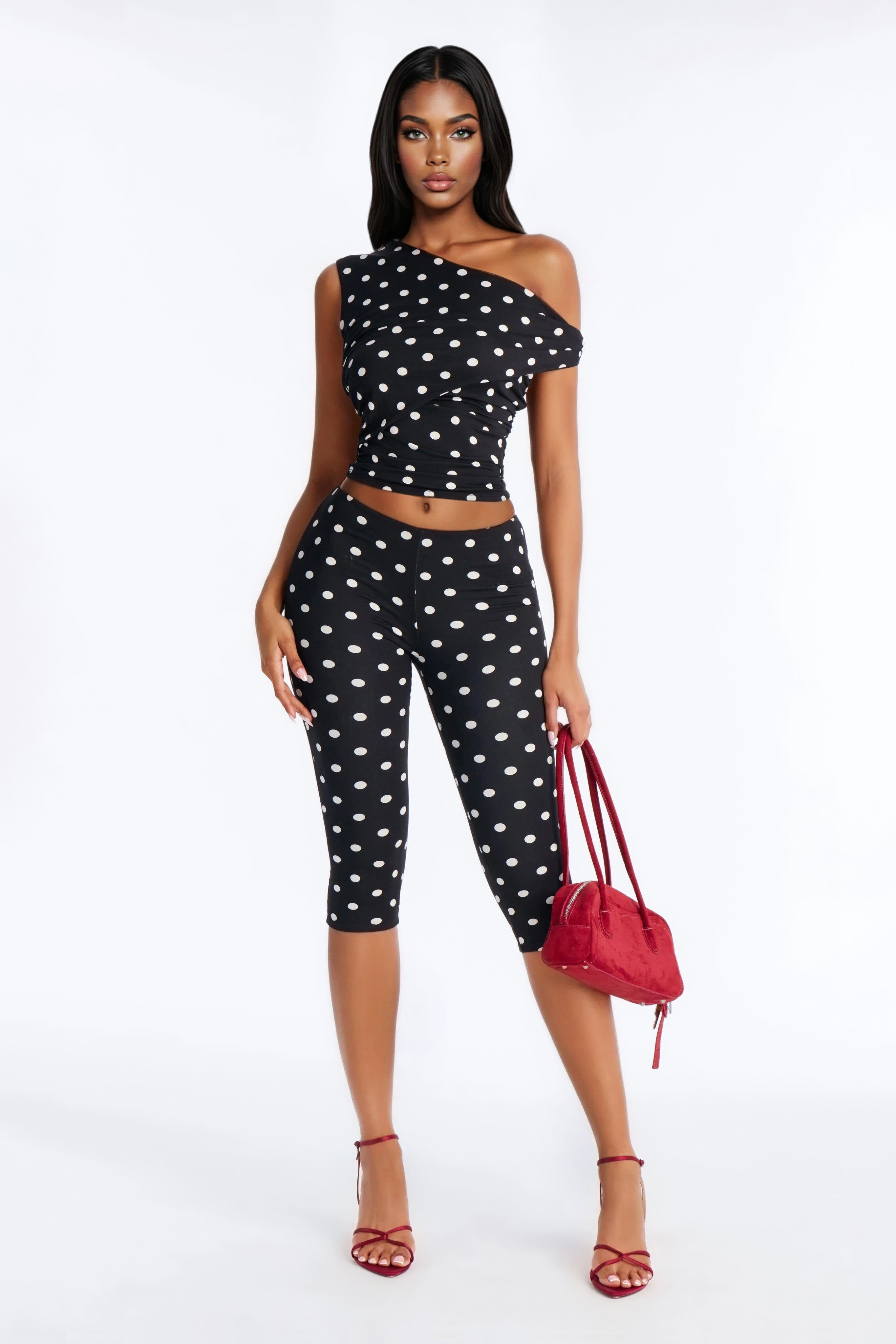 Holly Off Shoulder Polka Dot Capri Set - Black/White
