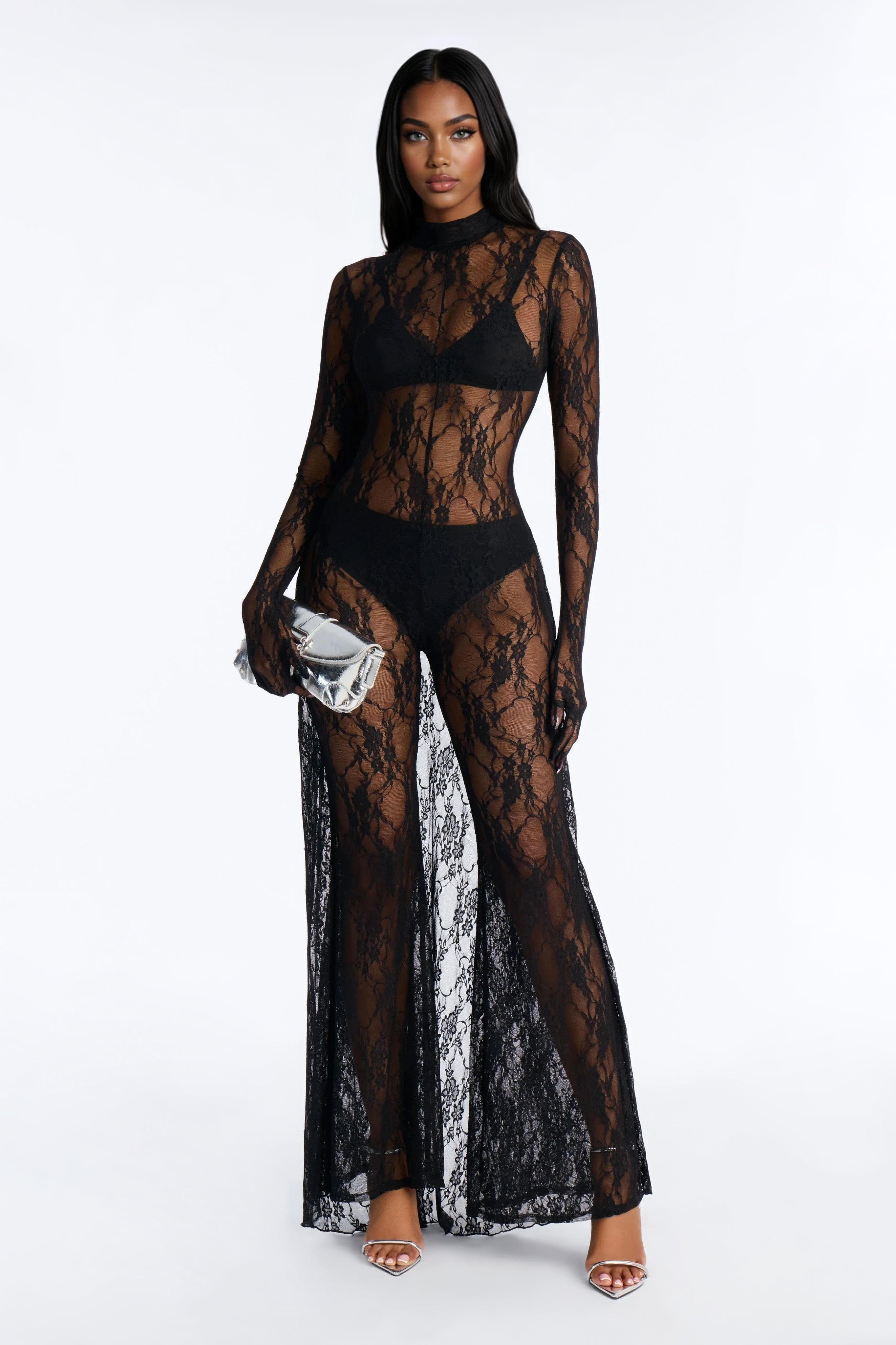 Candace Lace Gloved 3 Piece Jumpsuit Set - Black