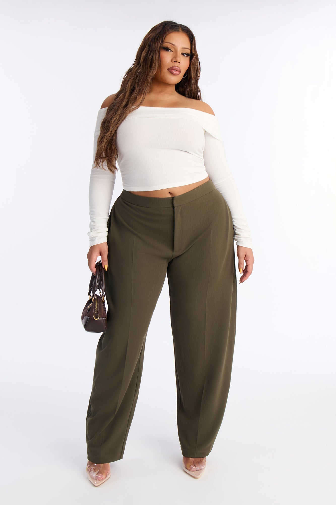 Always On Time Crepe Knit Barrel Leg Trousers - Olive