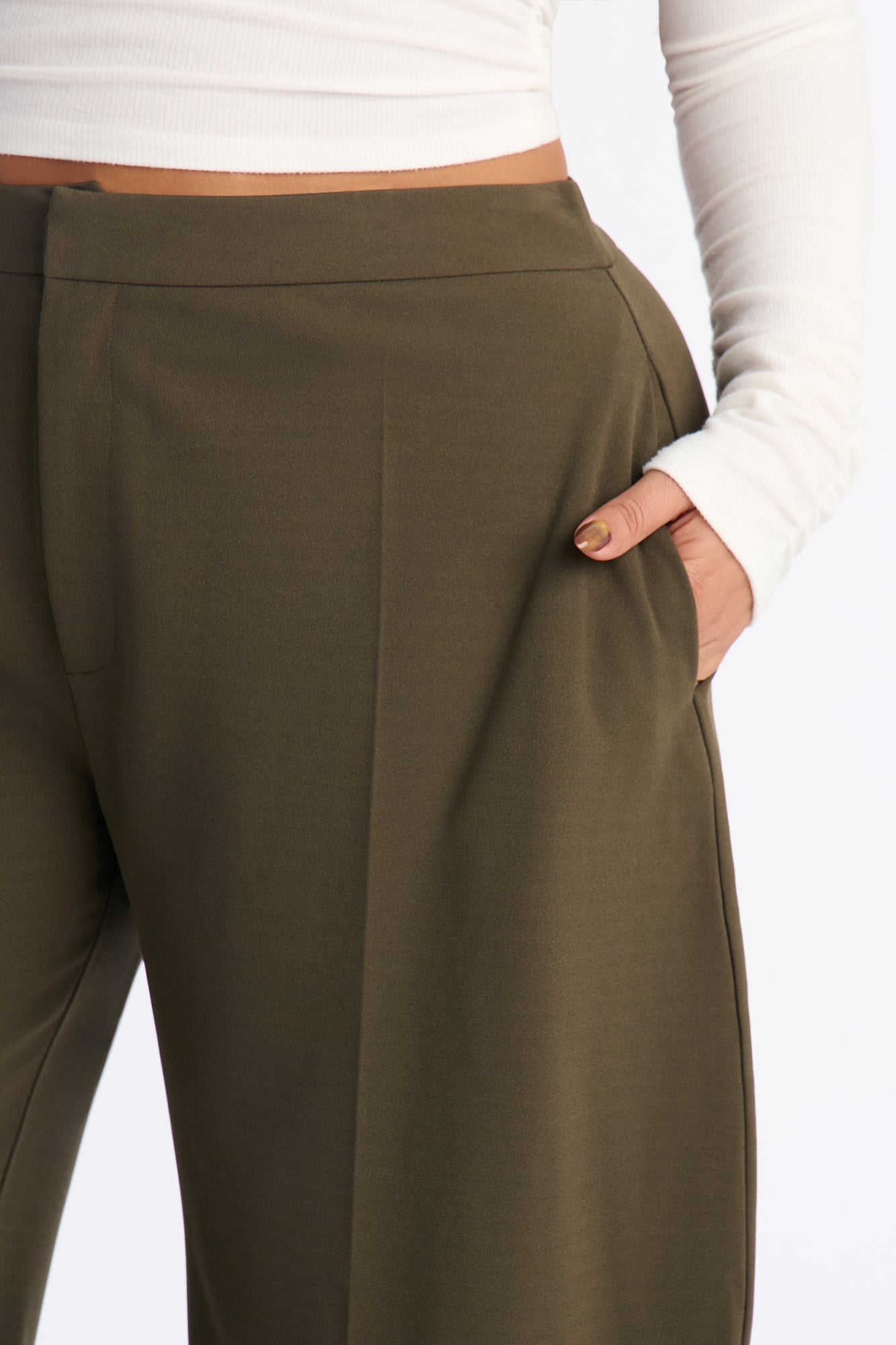 Always On Time Crepe Knit Barrel Leg Trousers - Olive