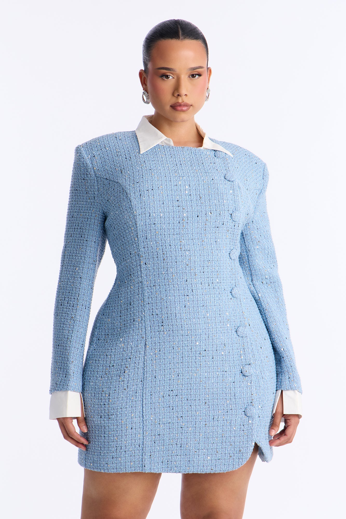 Taryn Long Sleeve Tweed Mini Dress - Blue