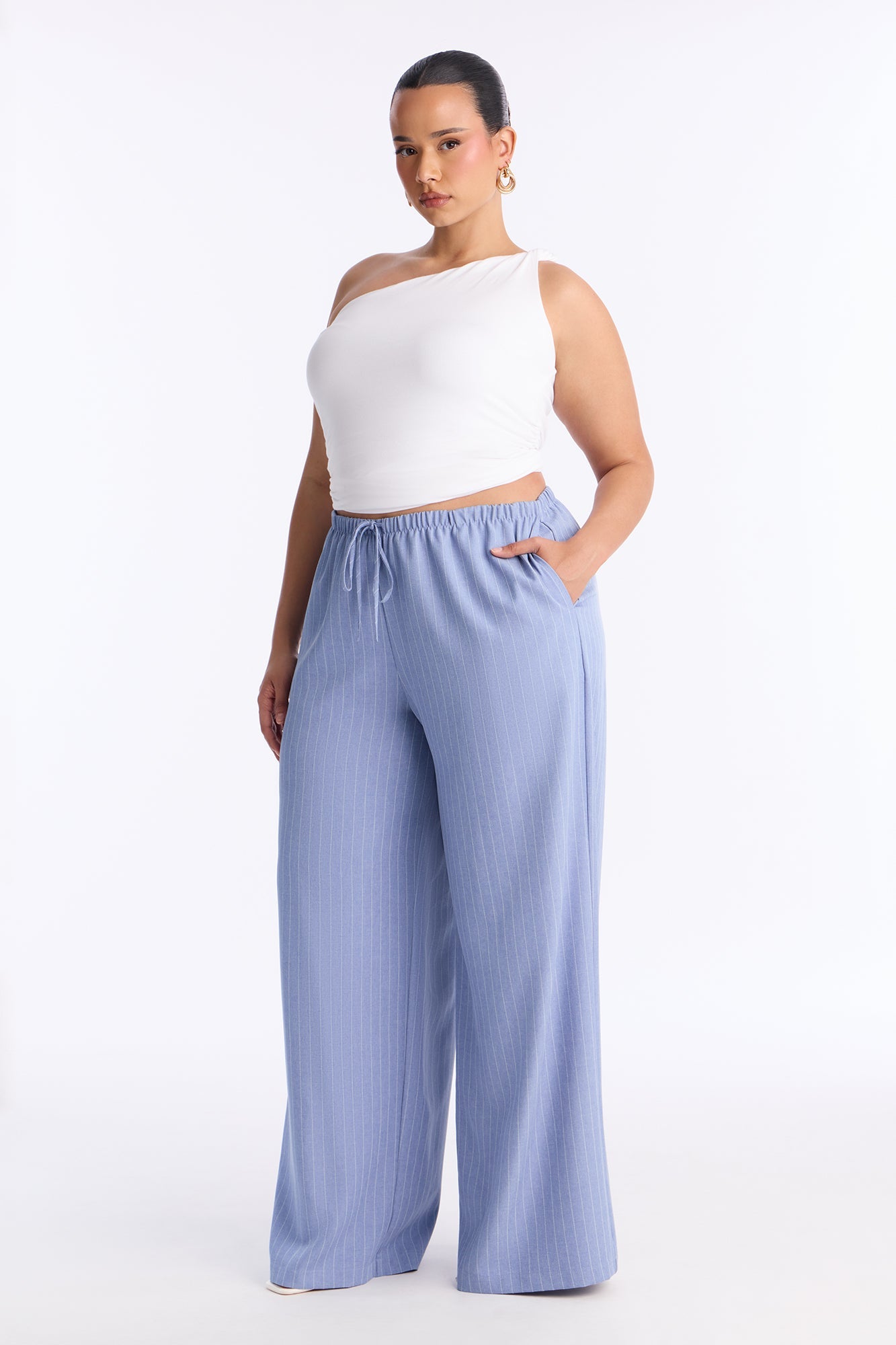 Mallory Pinstripe Easy Pull On Wide Leg Pant 33″ - Blue