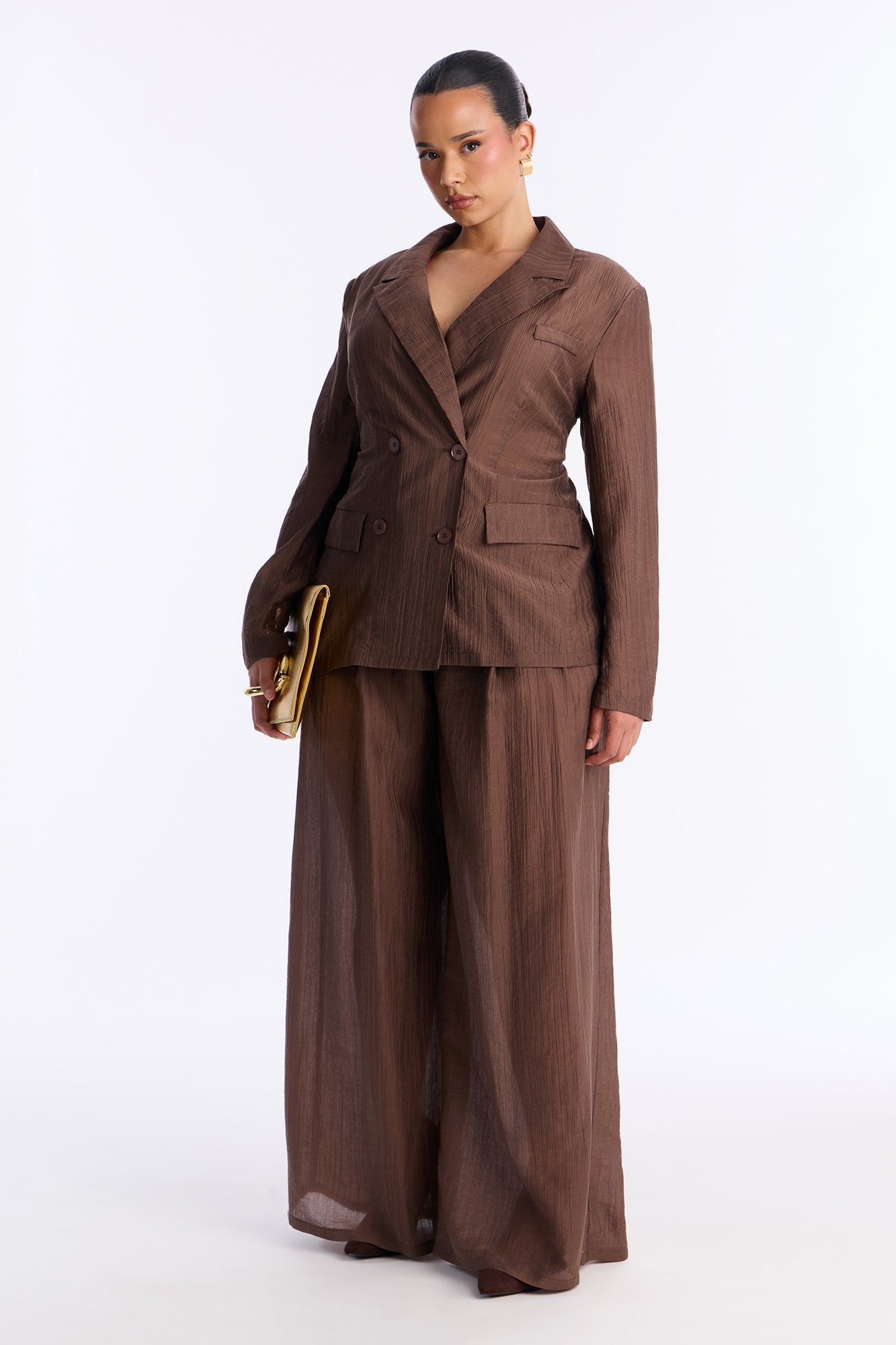 Serenity Sheer Blazer Pant Set - Chocolate