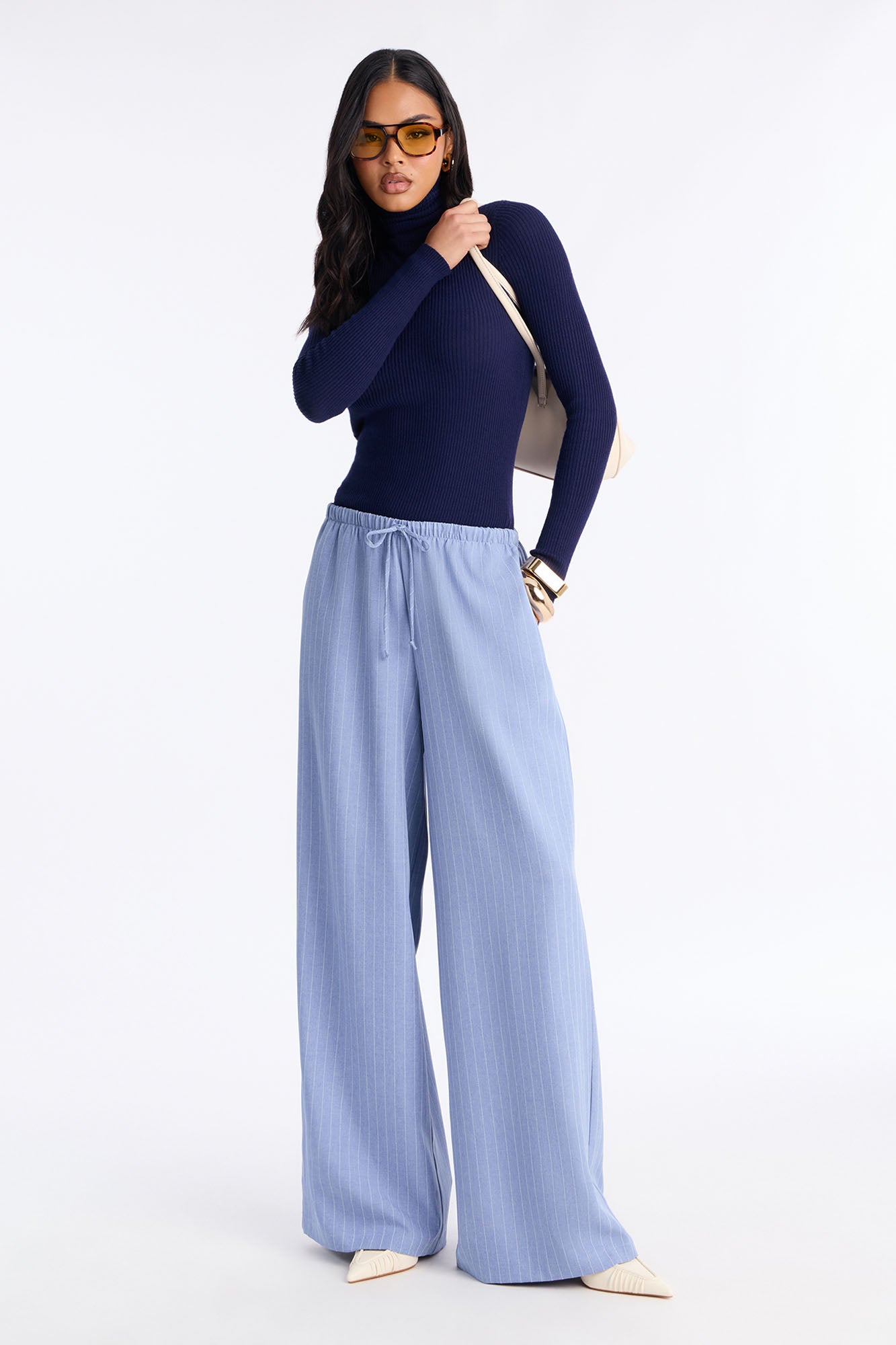Mallory Pinstripe Easy Pull On Wide Leg Pant 33″ - Blue