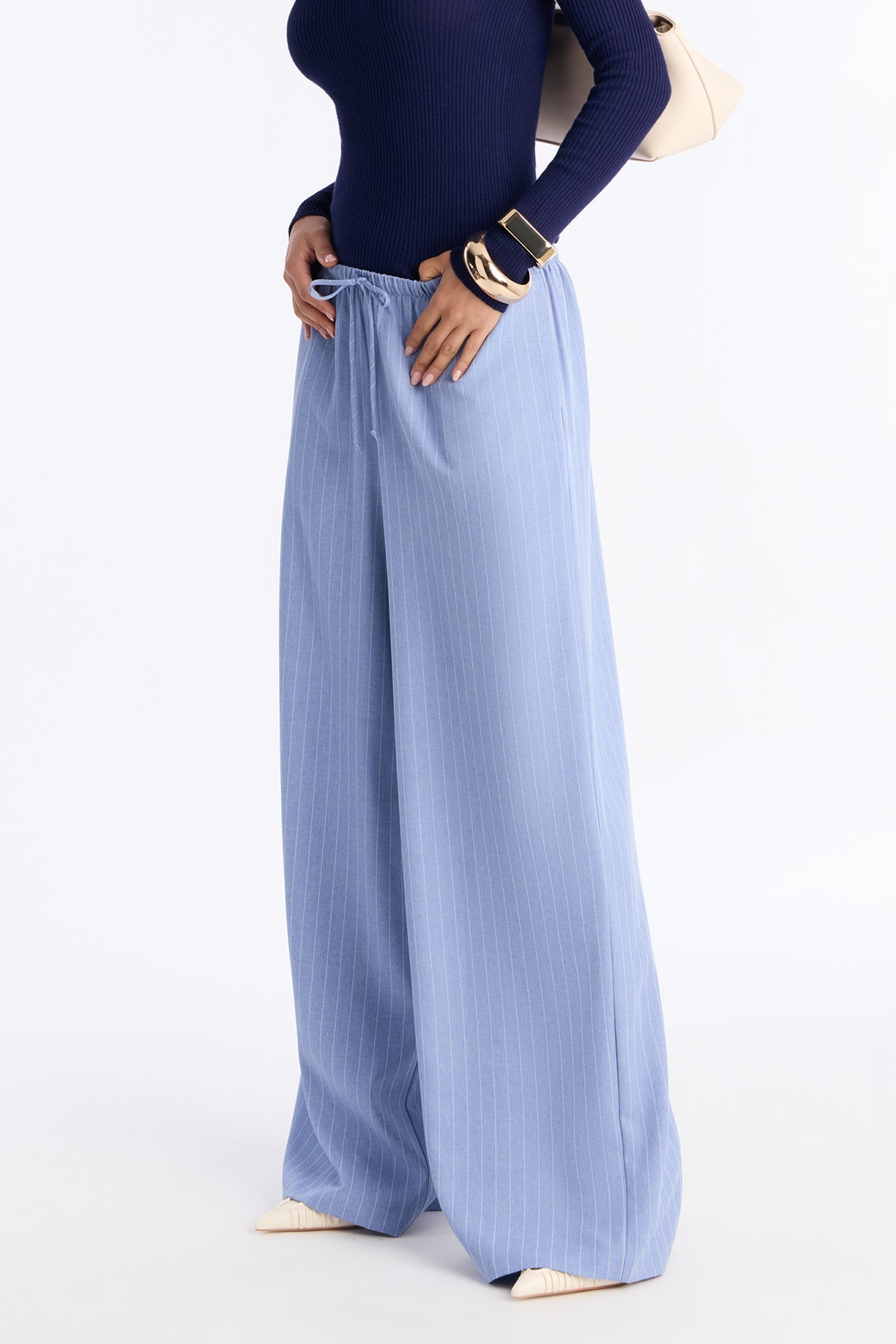 Mallory Pinstripe Easy Pull On Wide Leg Pant 33″ - Blue