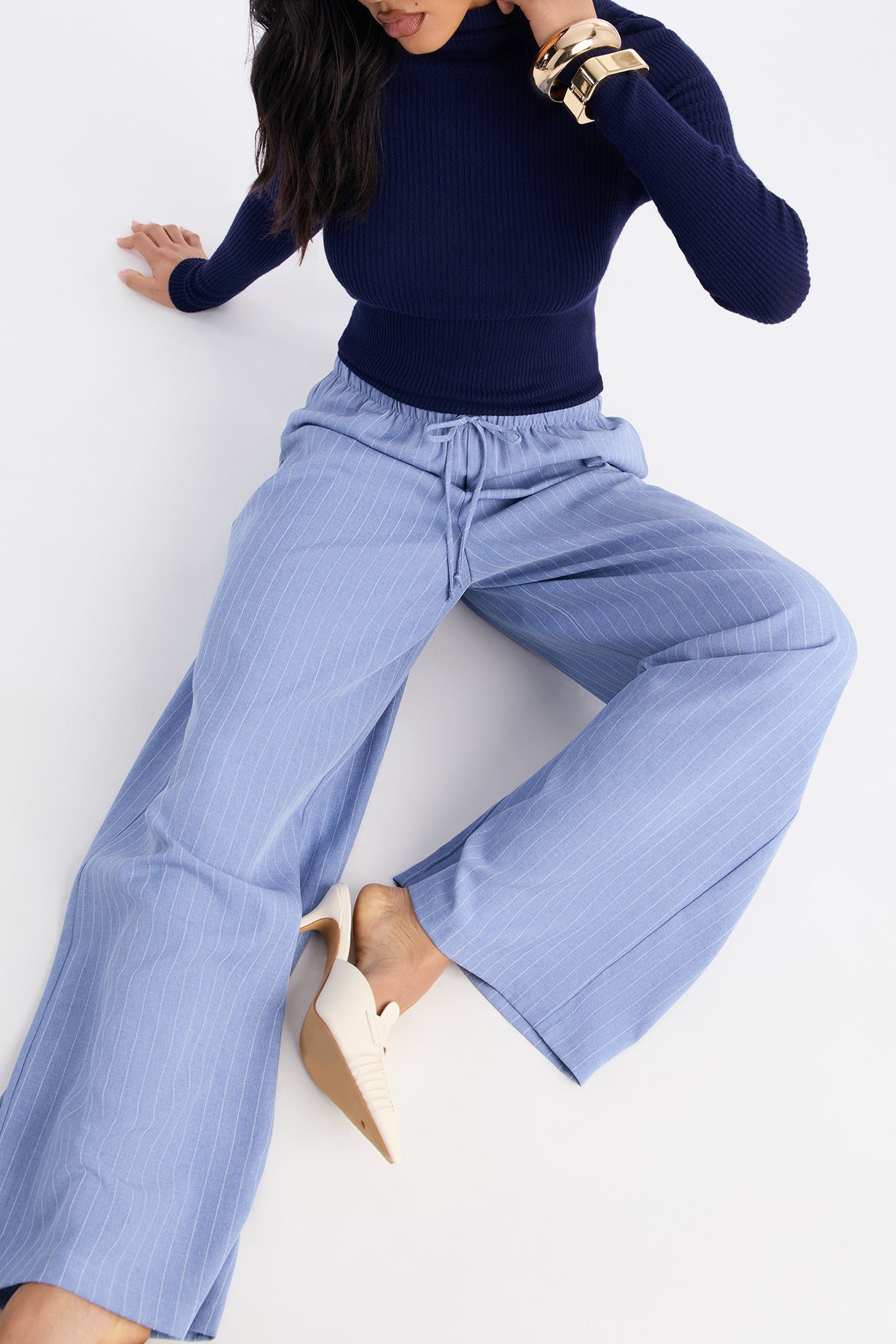 Mallory Pinstripe Easy Pull On Wide Leg Pant 33″ - Blue