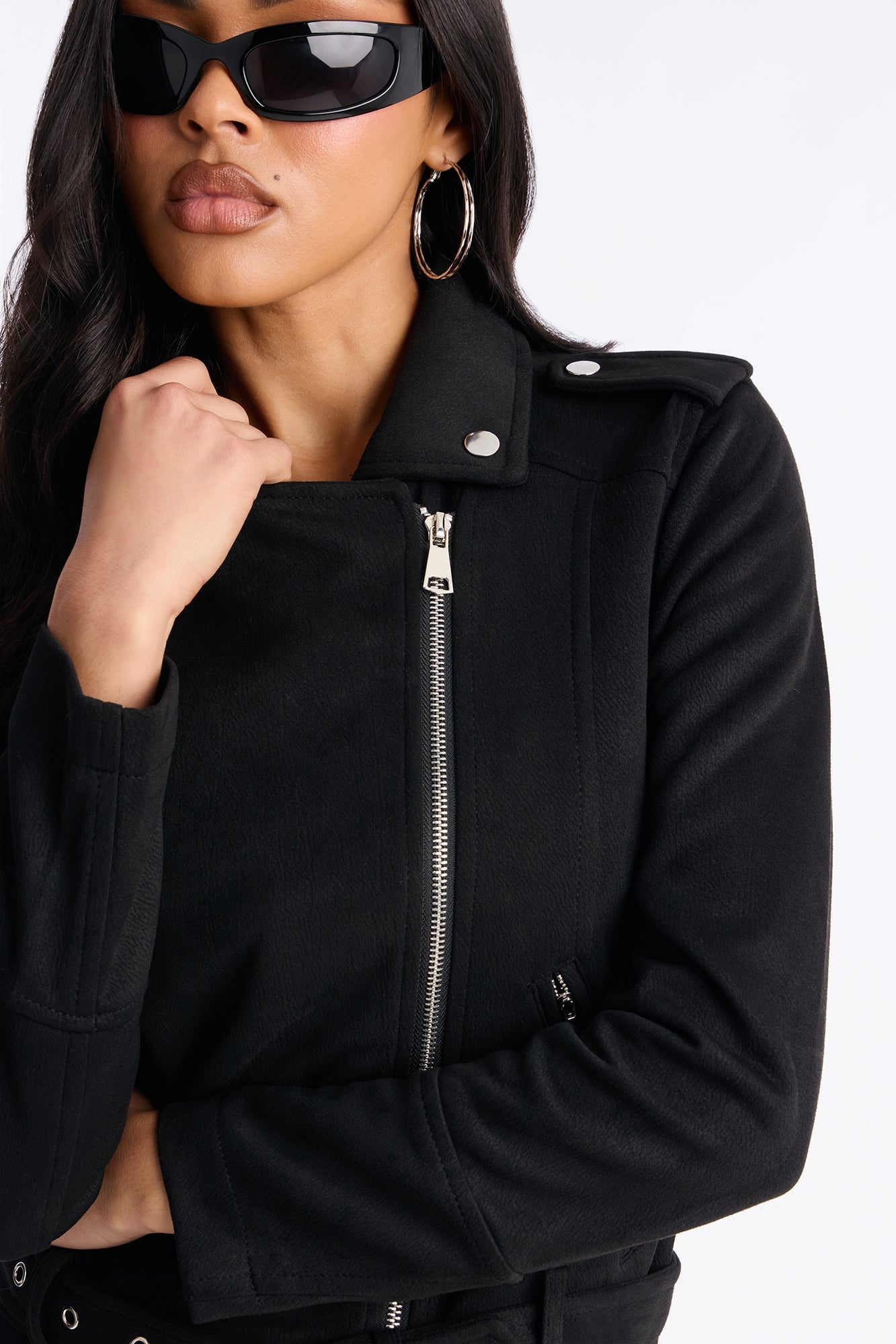 Inez Faux Suede Belted Moto Jacket - Black