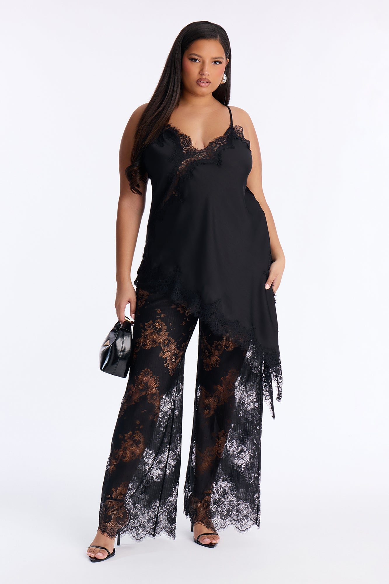 Yasmin Satin Lace Pant Set - Black