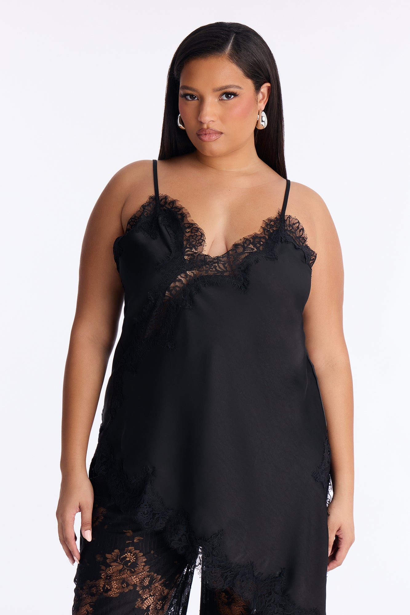 Yasmin Satin Lace Pant Set - Black