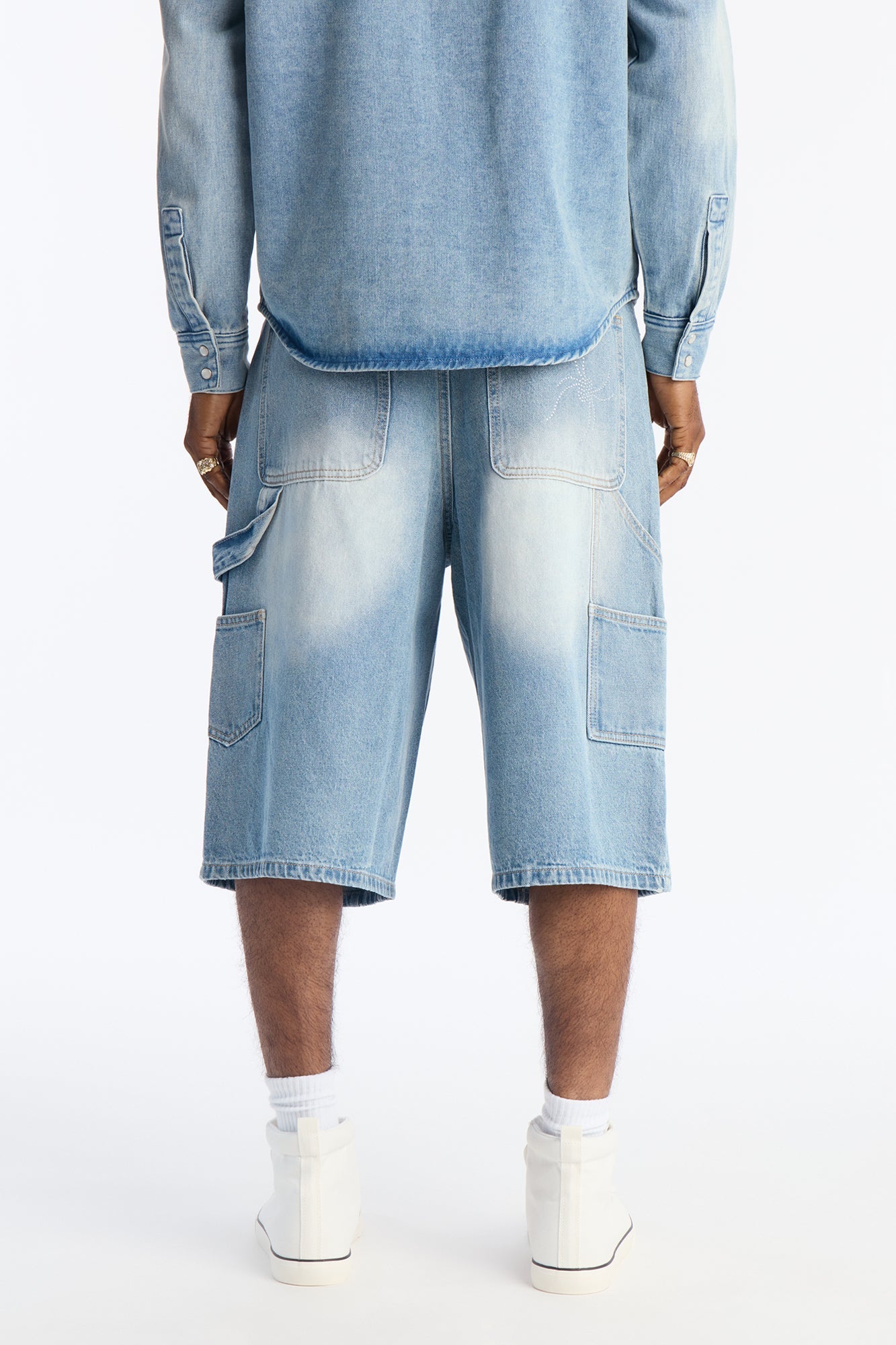 Baggy Jeweled Web Carpenter Denim Short - Light Wash