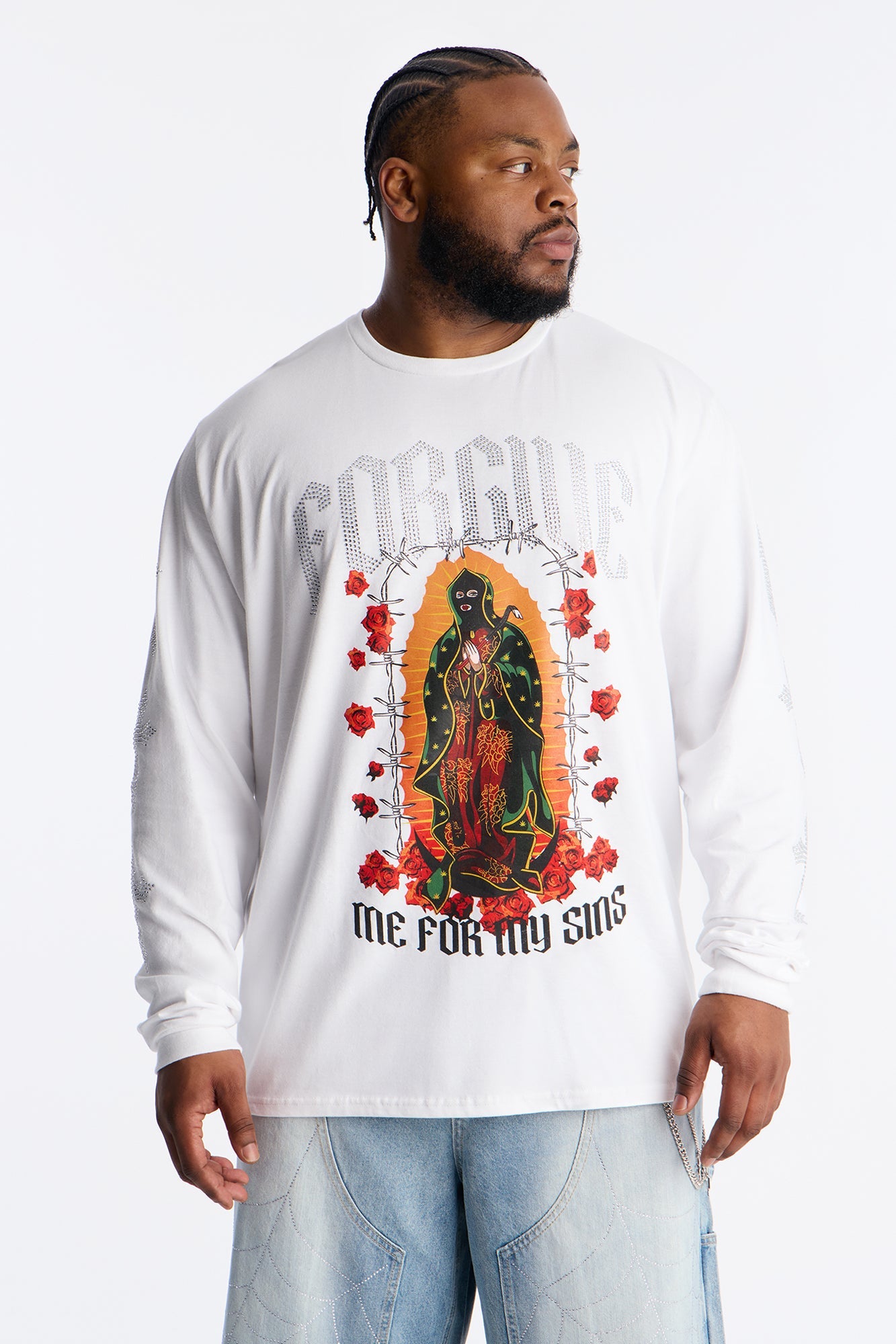 Forgive My Sins Rhinestone Long Sleeve Tee - White