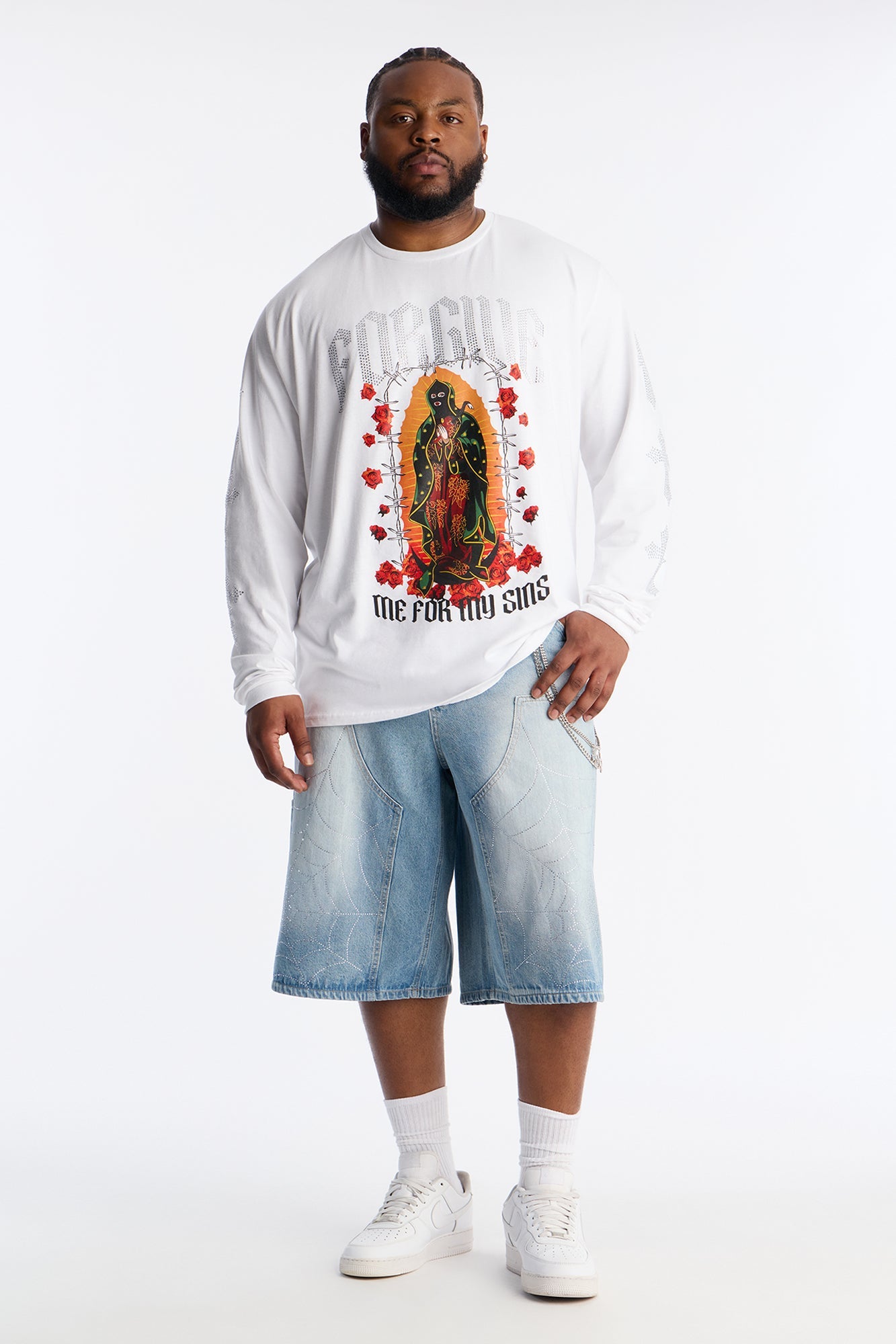 Baggy Jeweled Web Carpenter Denim Short - Light Wash