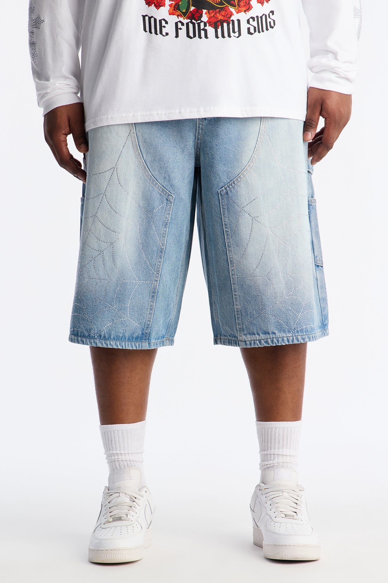 Baggy Jeweled Web Carpenter Denim Short - Light Wash