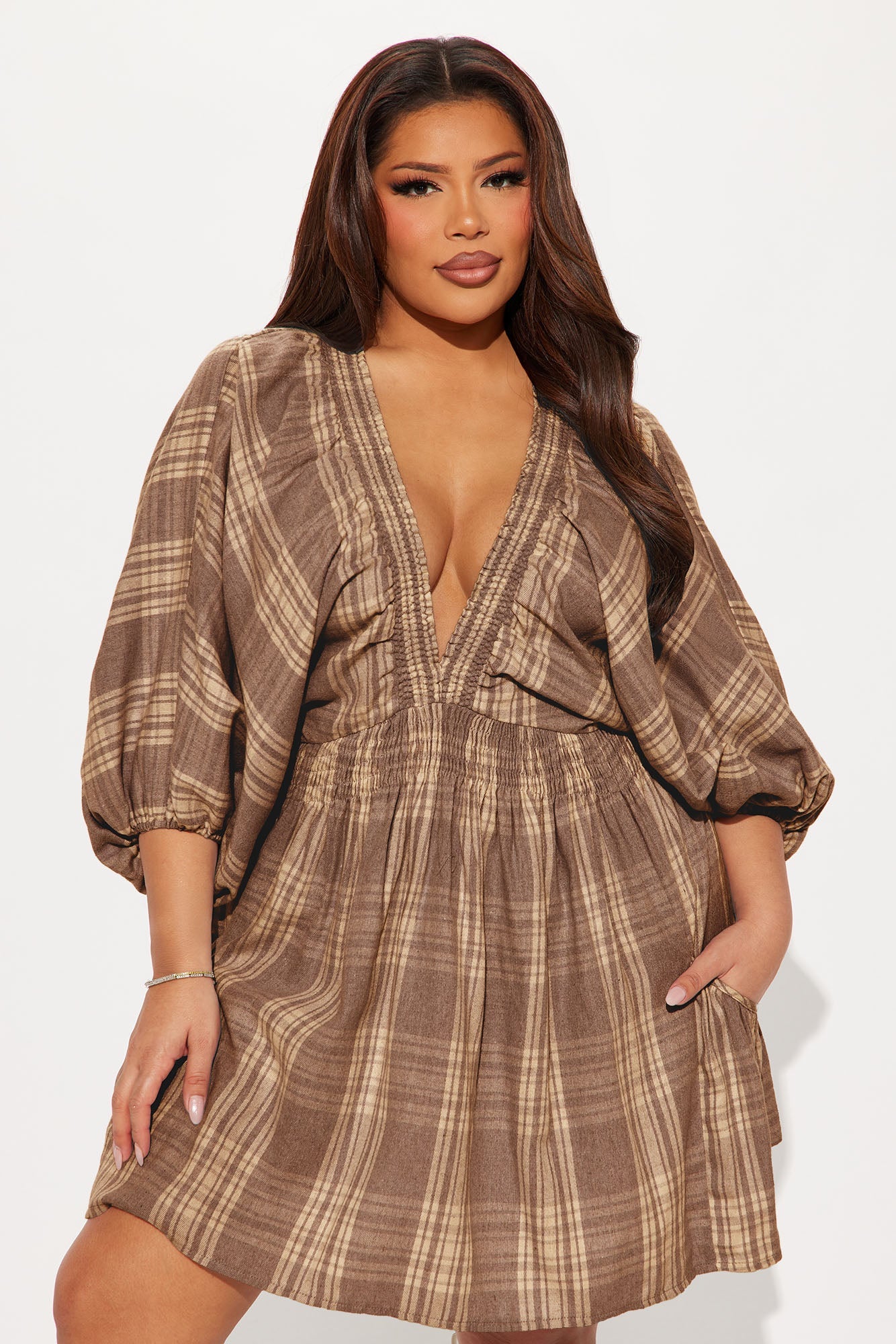 Countryside Cutie Plaid Mini Dress - Brown/combo