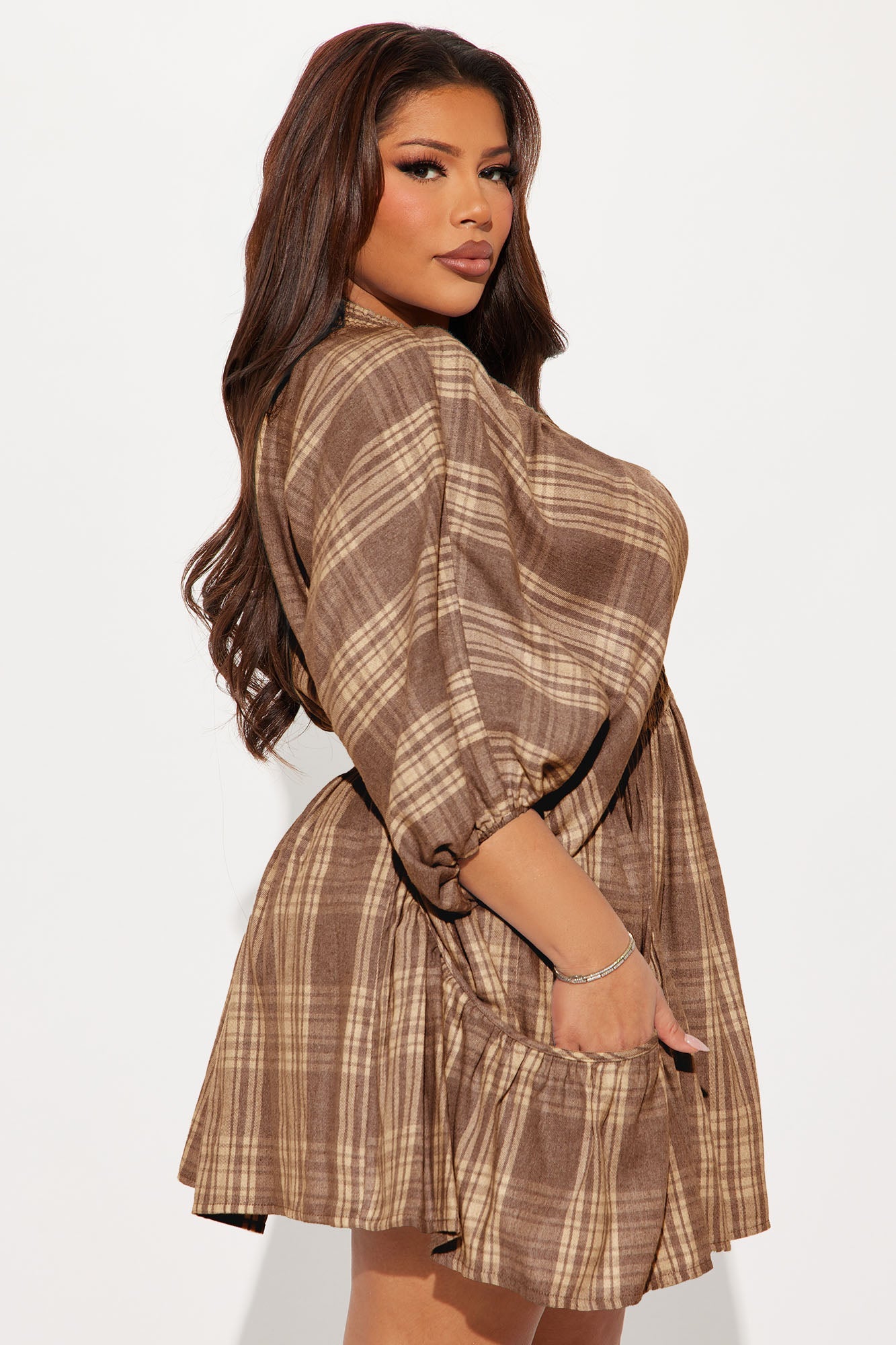 Countryside Cutie Plaid Mini Dress - Brown/combo