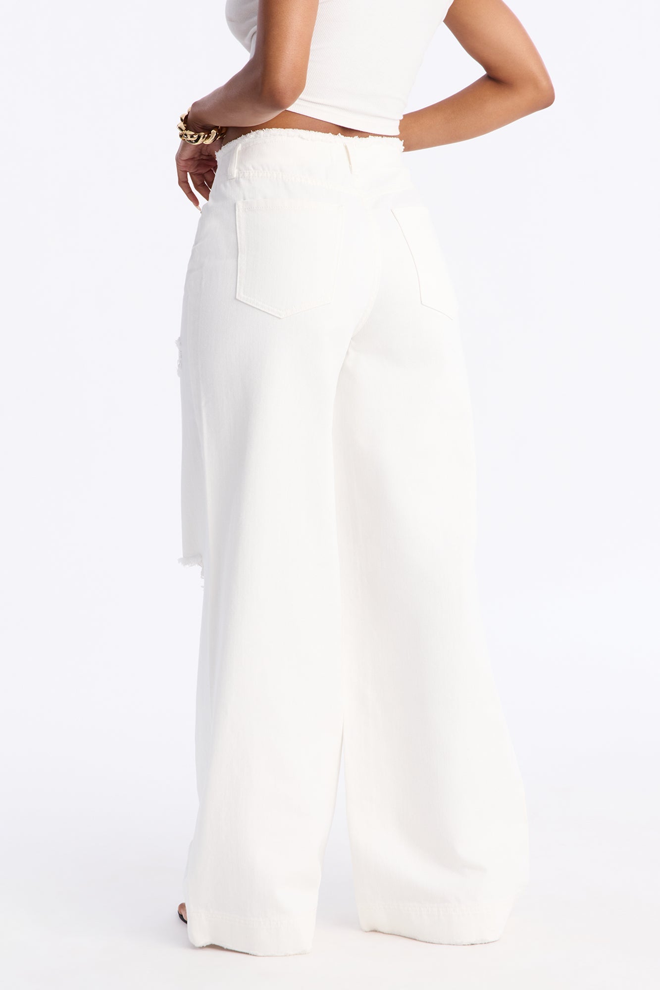In Your Dreams Ripped Cut Off Waistband Baggy Jean - White