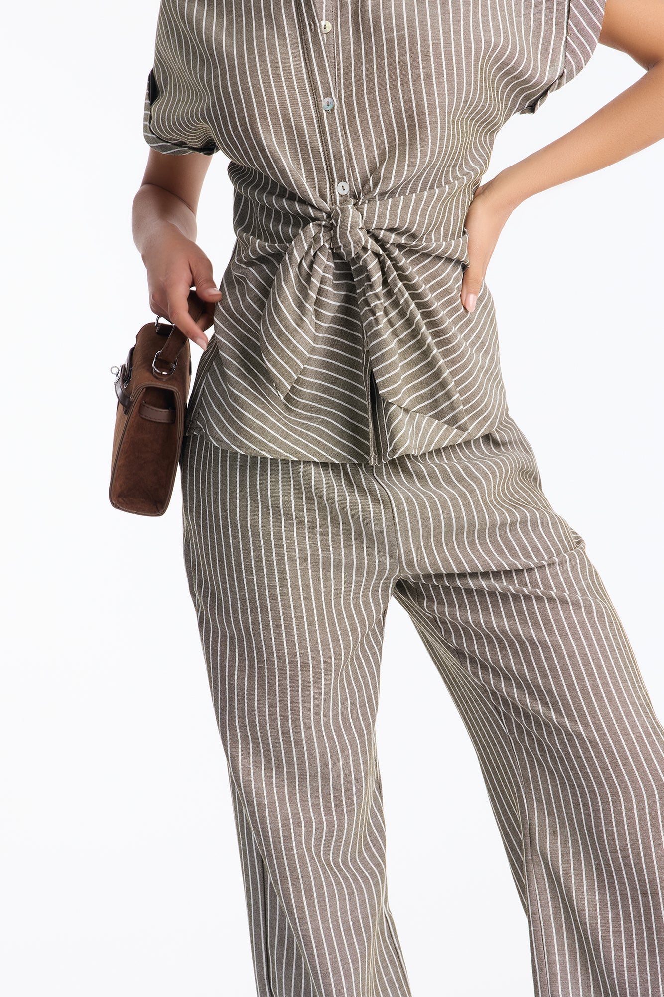 Lily Tie Front Stripe Linen Pant Set - Olive