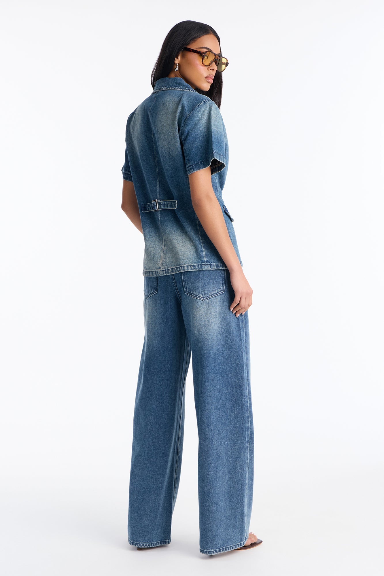 Lisa Short Sleeve Denim Blazer Pant Set - Denim
