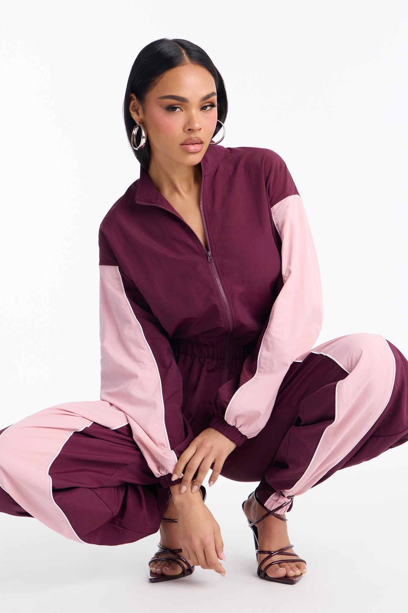 Willow Windbreaker Contrast Trim Jumpsuit - Wine/combo