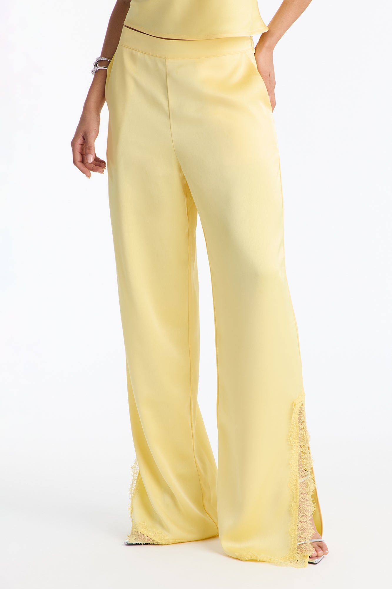 Araiza Satin Lace Trim Pant Set - Yellow