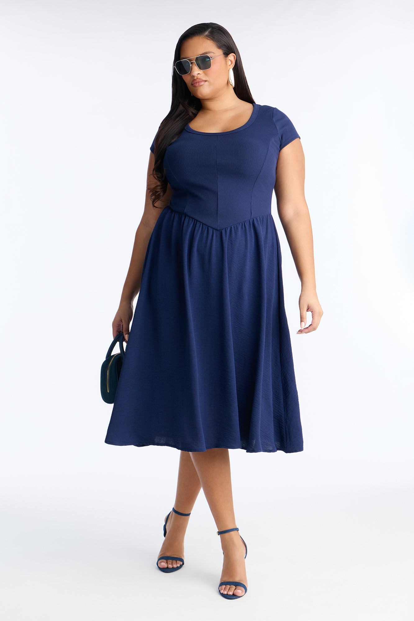 Rosalie Short Sleeve Ribbed Midi Dress - Navy