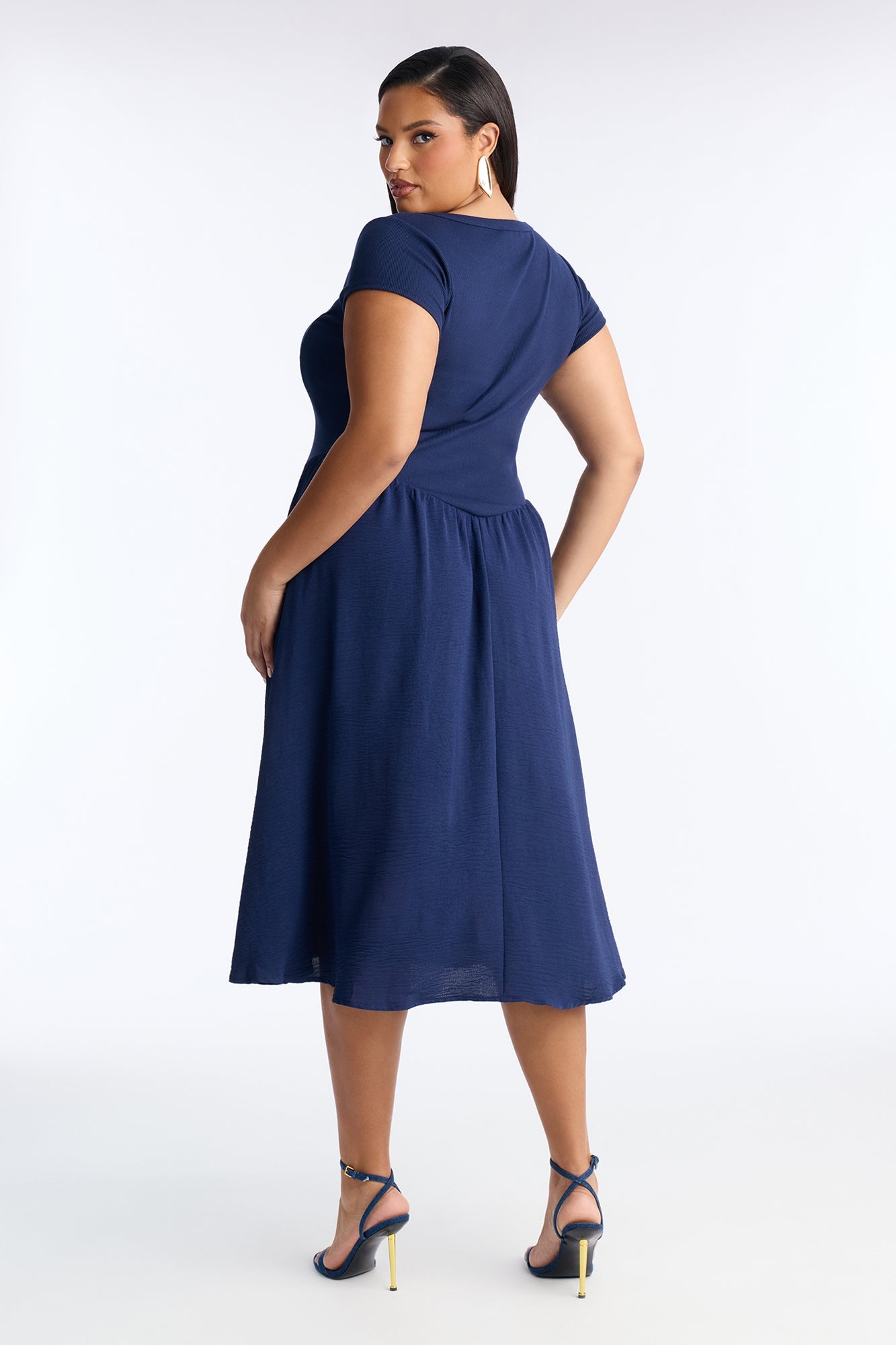 Rosalie Short Sleeve Ribbed Midi Dress - Navy