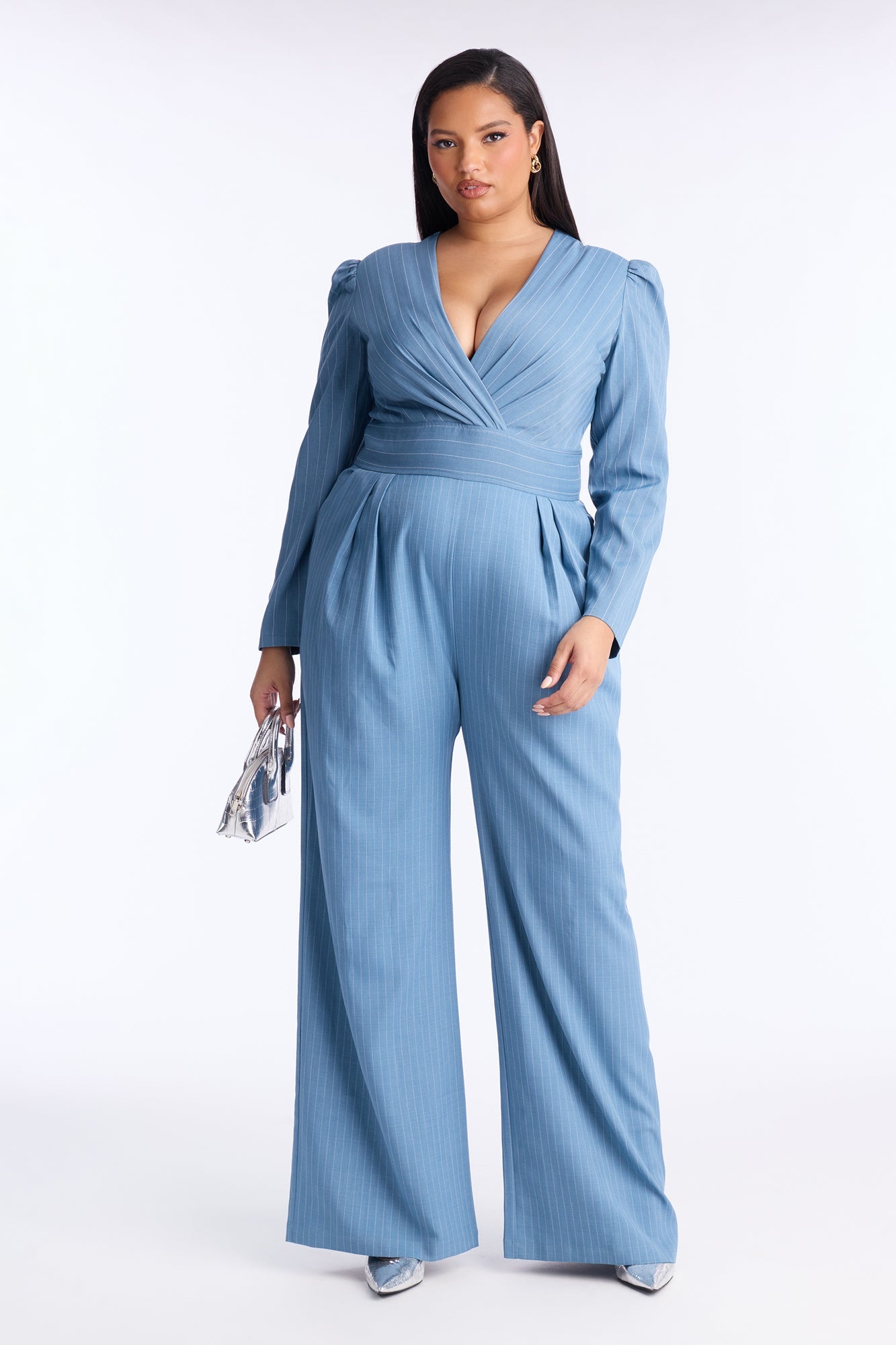 Out To Lunch Pinstripe Wide Leg Jumpsuit - Blue