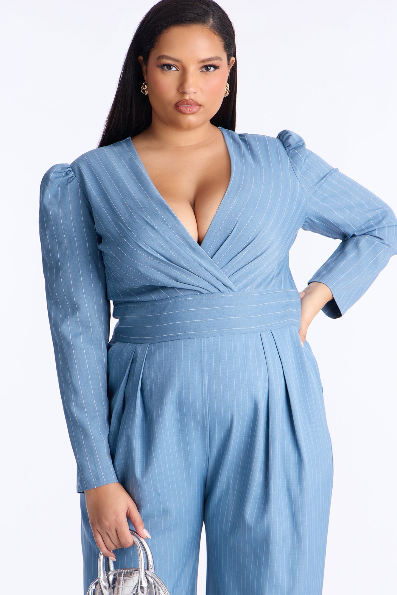 Out To Lunch Pinstripe Wide Leg Jumpsuit - Blue