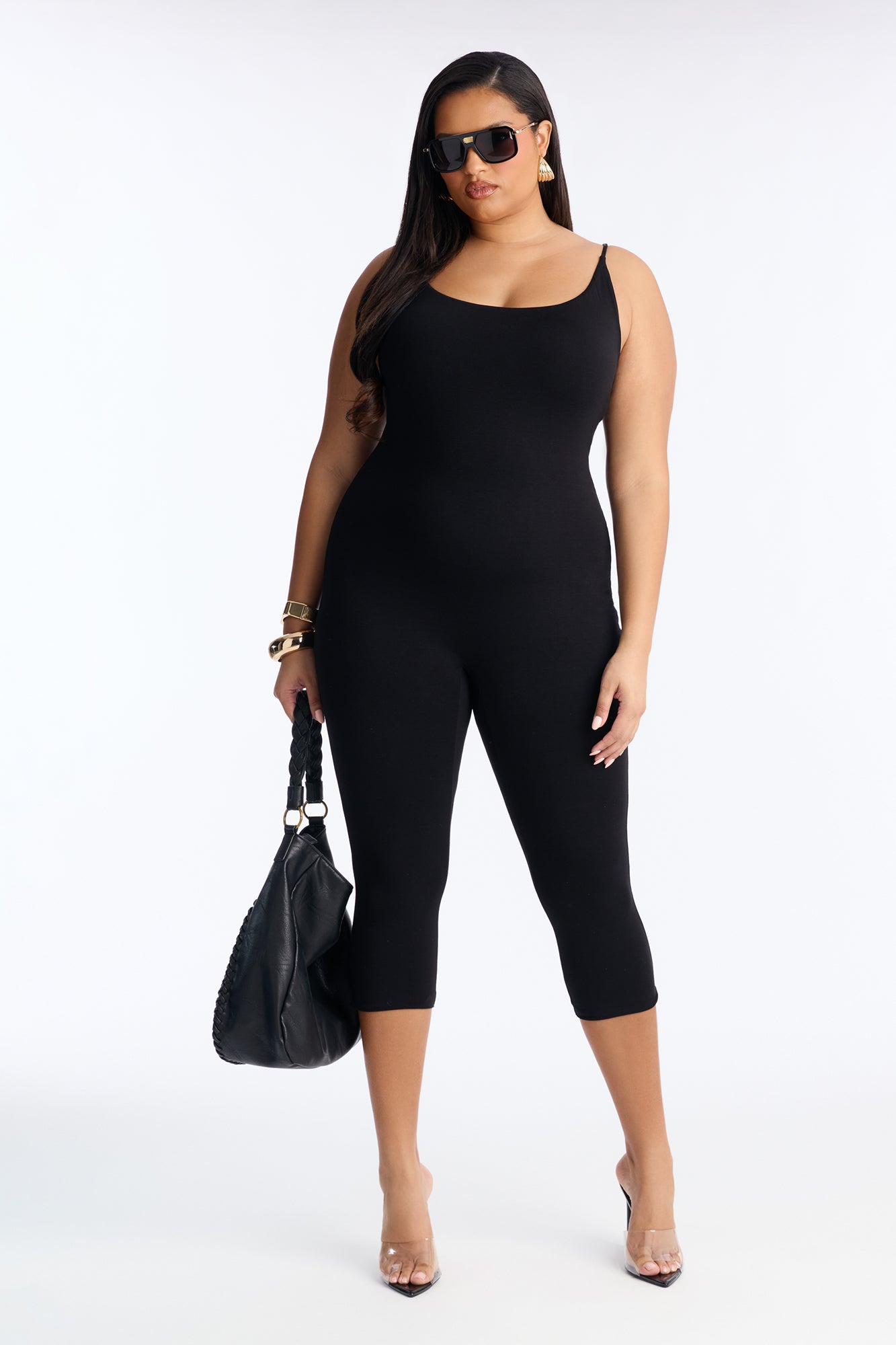Kaya Double Lined Jersey Capri Catsuit - Black