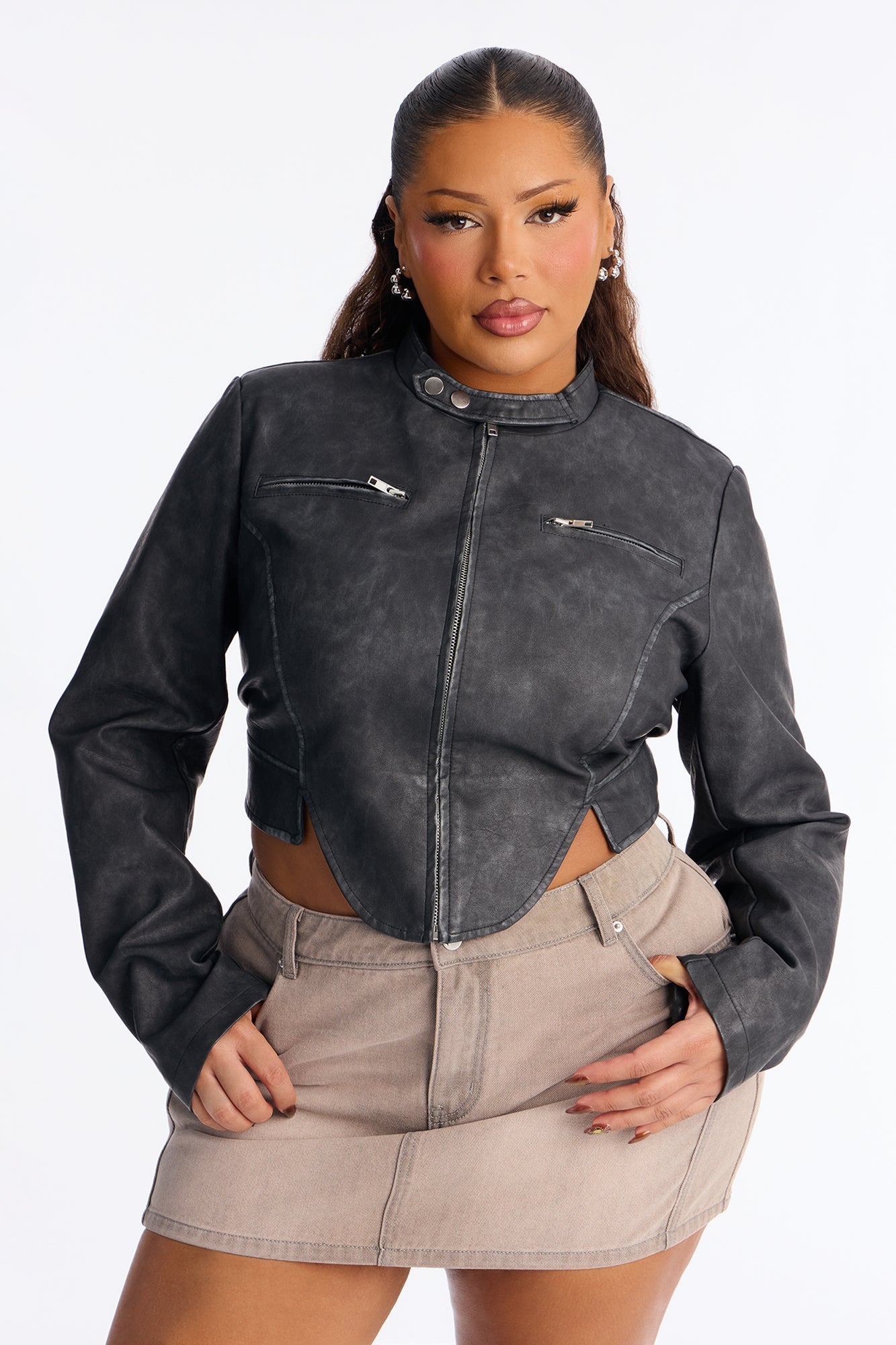 Ines Washed Faux Leather Jacket - Black