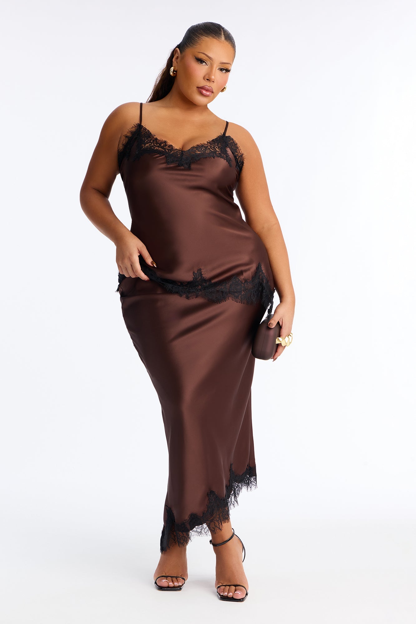 Feel The Allure Satin & Lace Midi Skirt Set - Chocolate