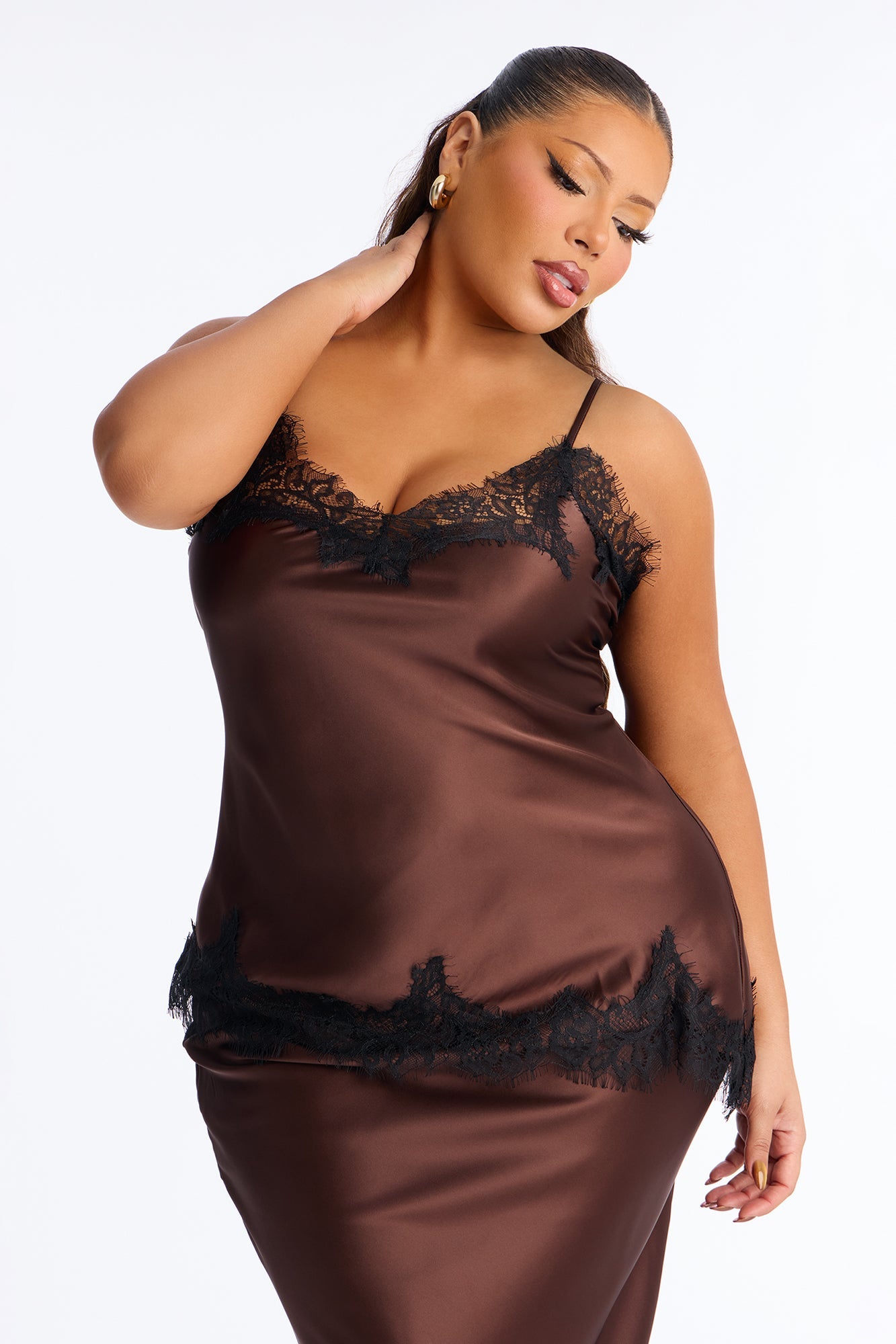 Feel The Allure Satin & Lace Midi Skirt Set - Chocolate