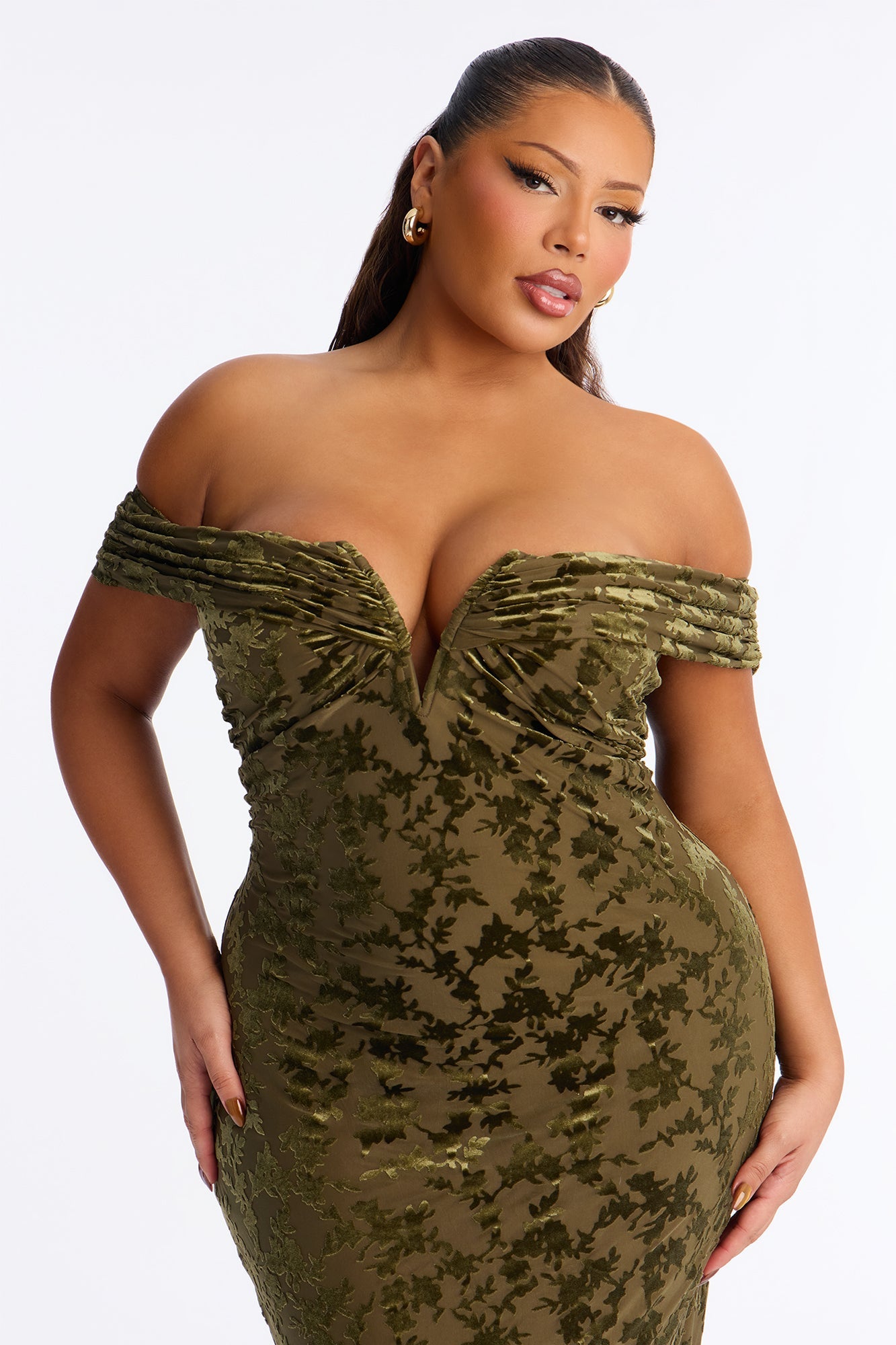 Milena Flocked Mesh Midi Dress - Olive