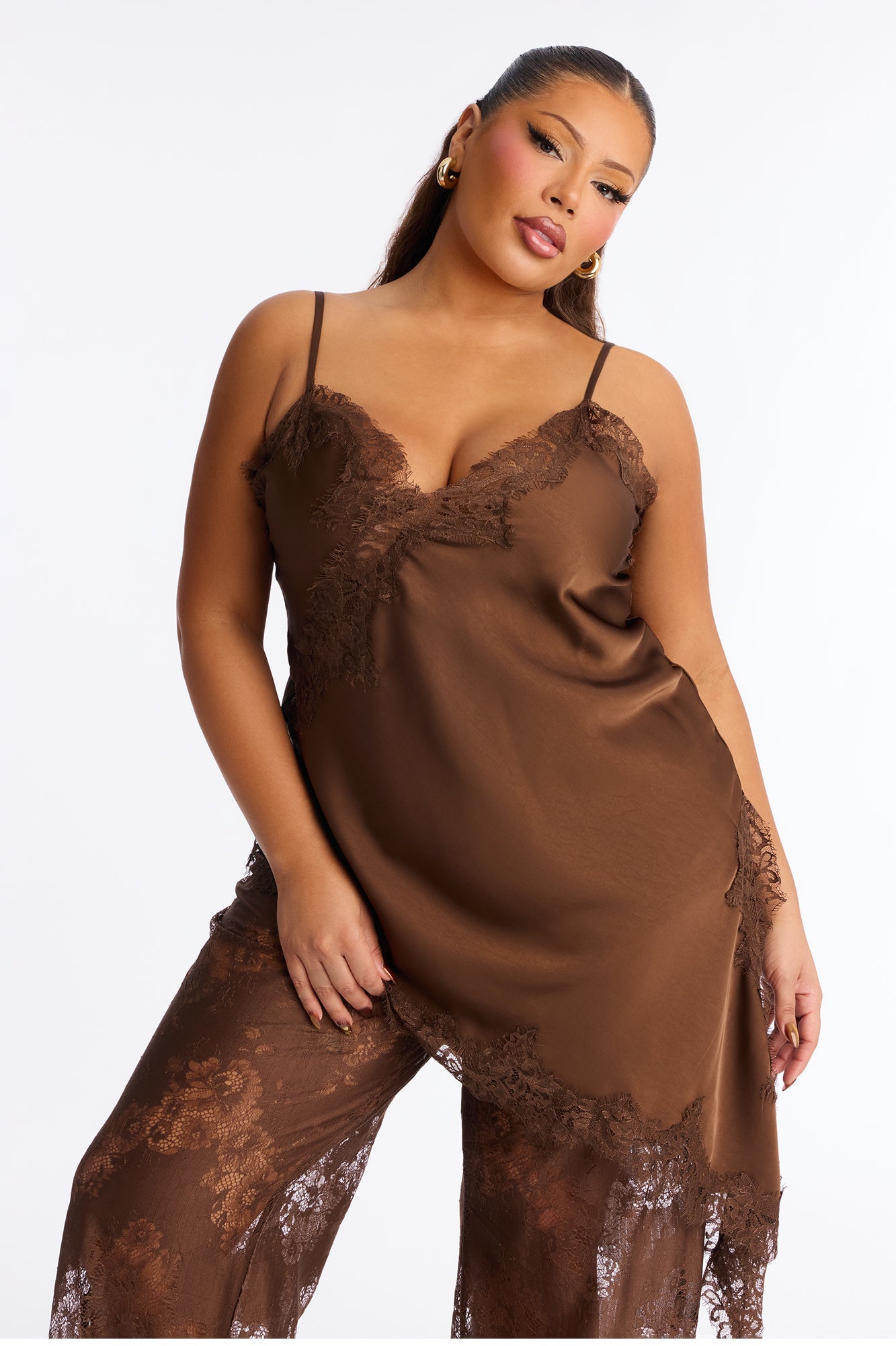 Yasmin Satin Lace Pant Set - Brown