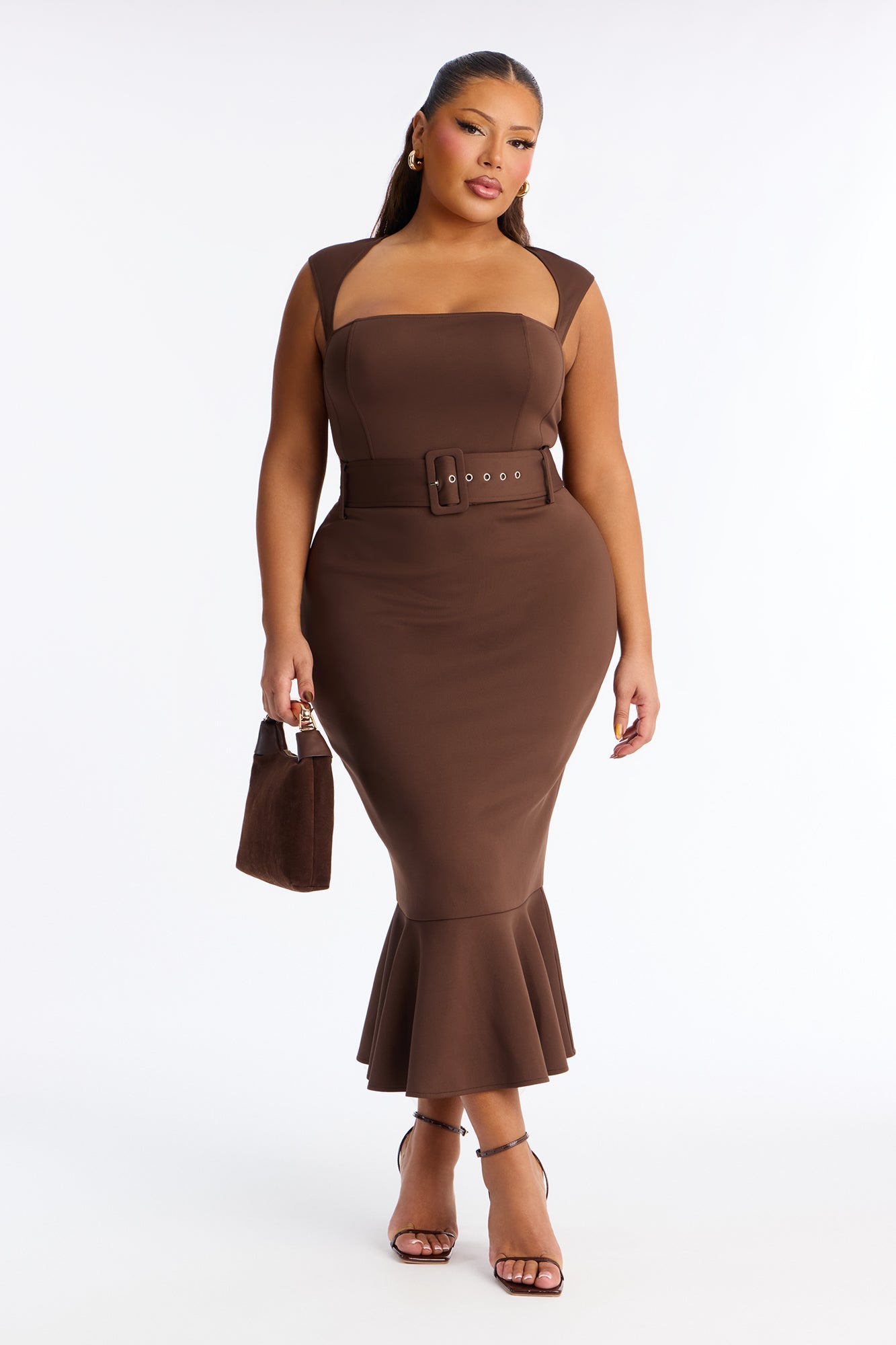 Heather Belted Mermaid Midi Dress - Chocolate