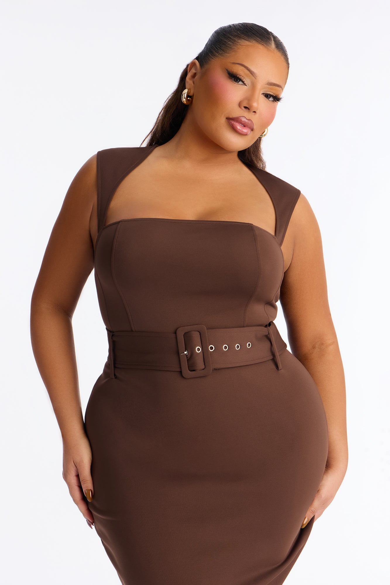 Heather Belted Mermaid Midi Dress - Chocolate