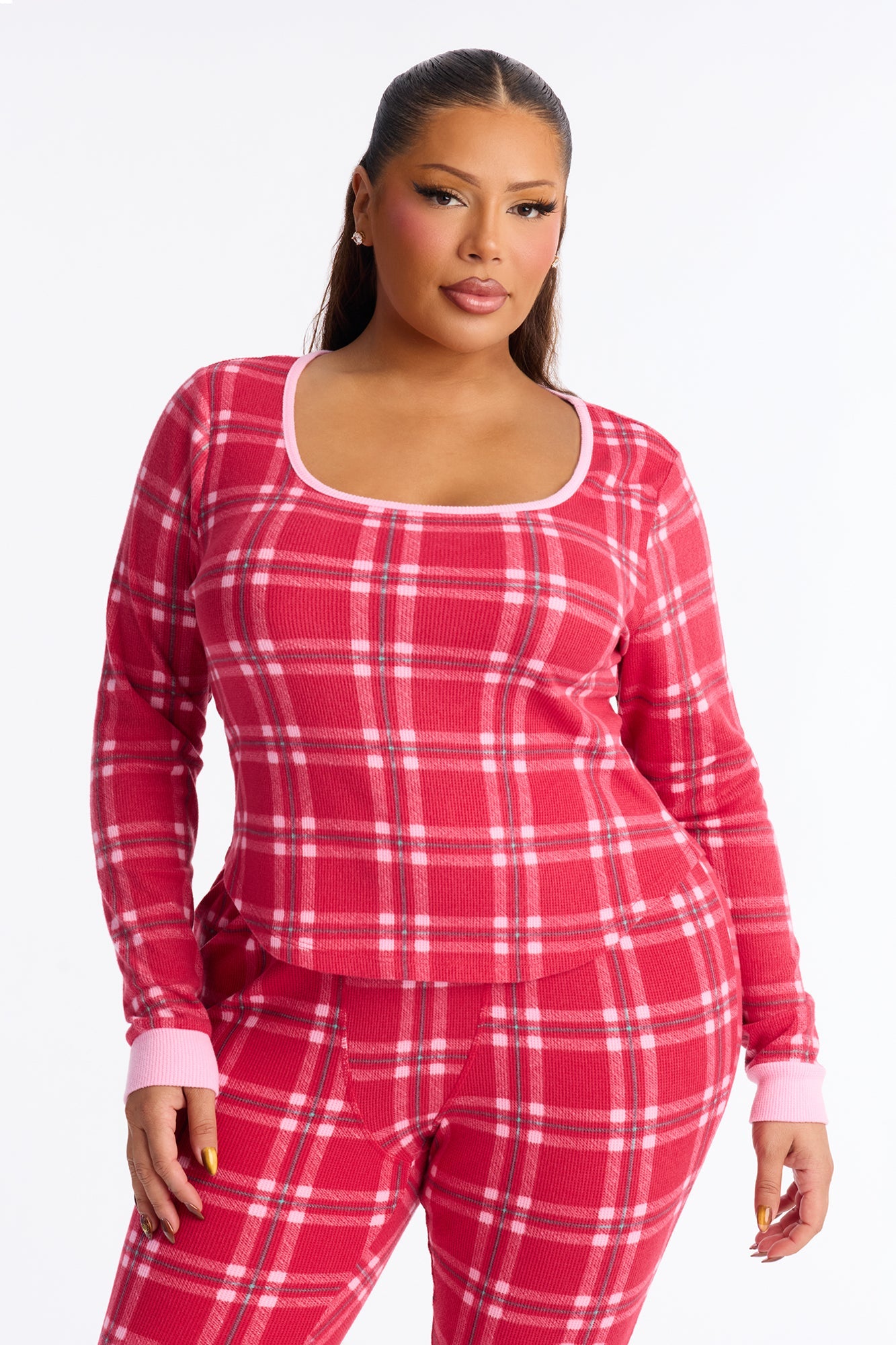 Cozy Cuddles Waffle Long Sleeve PJ Pant Set - Red/combo