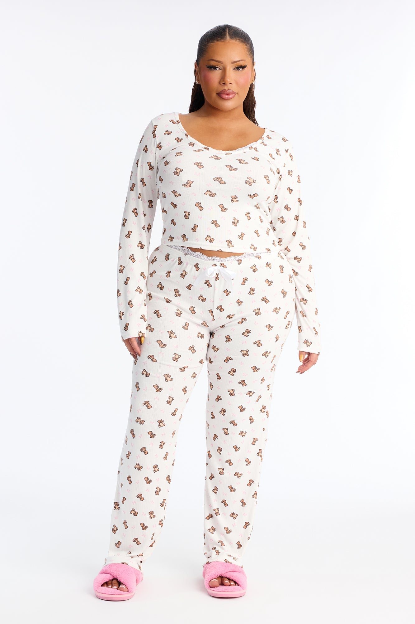 Cuddle Me Teddy Pointelle Long Sleeve PJ Pant Set - White/combo