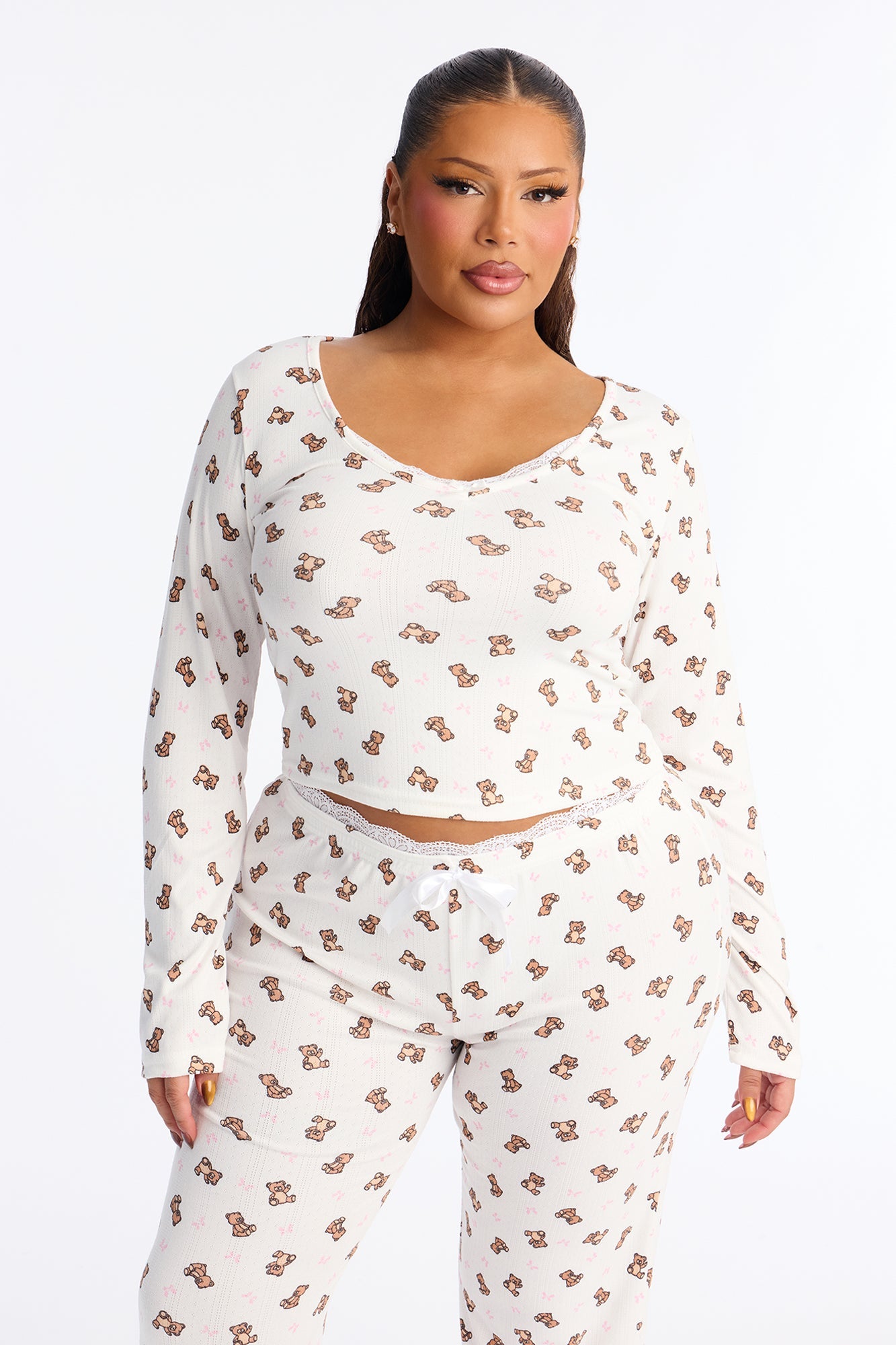 Cuddle Me Teddy Pointelle Long Sleeve PJ Pant Set - White/combo