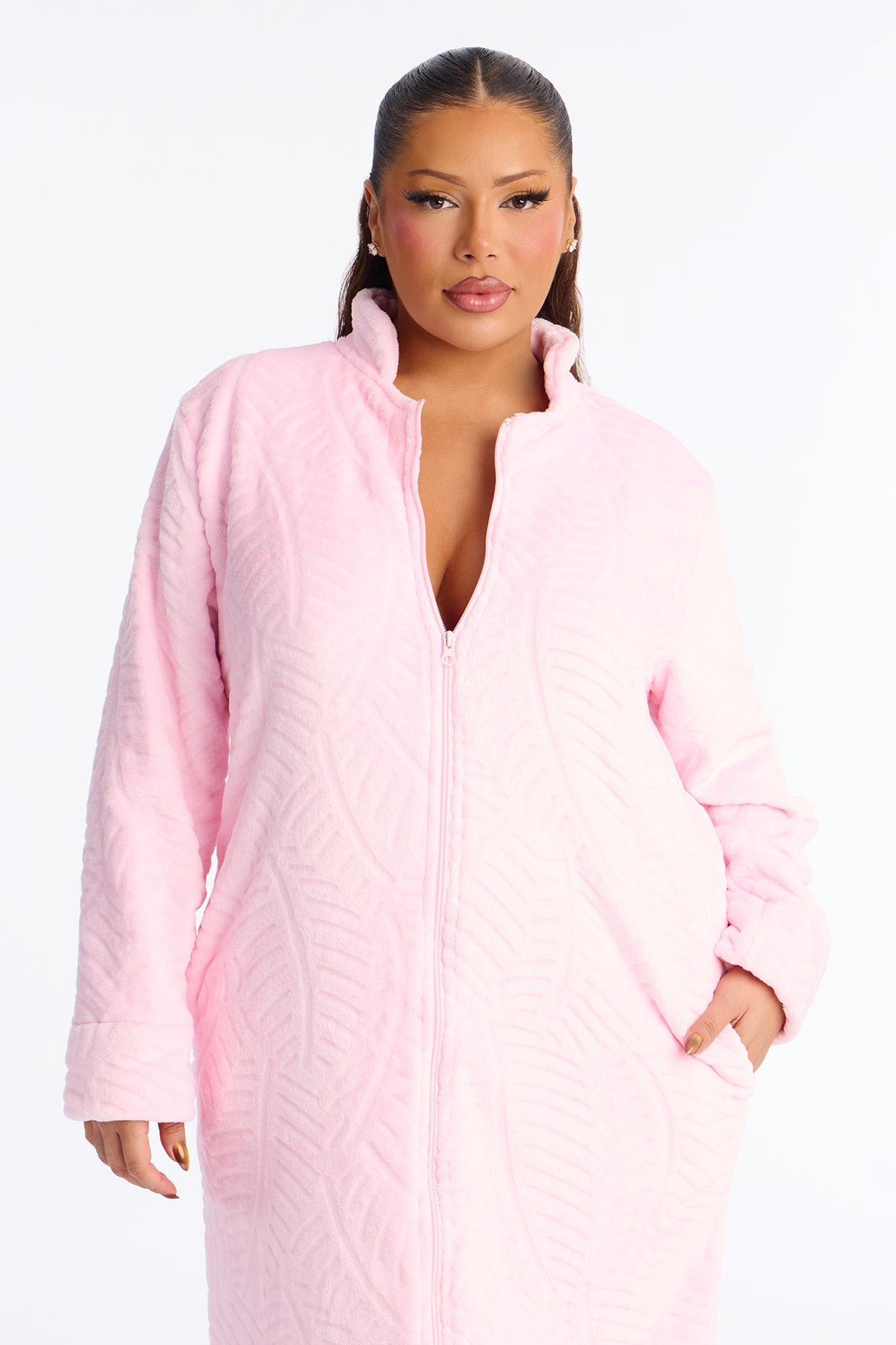 Sleepy Mood Fleece Zip Front Robe - Pink