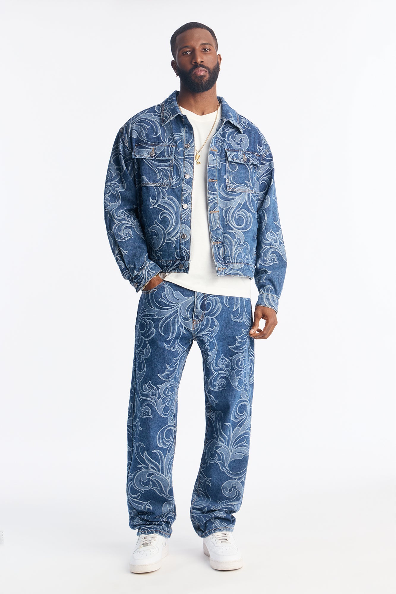 Relaxed Cropped Baroque Jacquard Denim Jacket - Medium Blue Wash