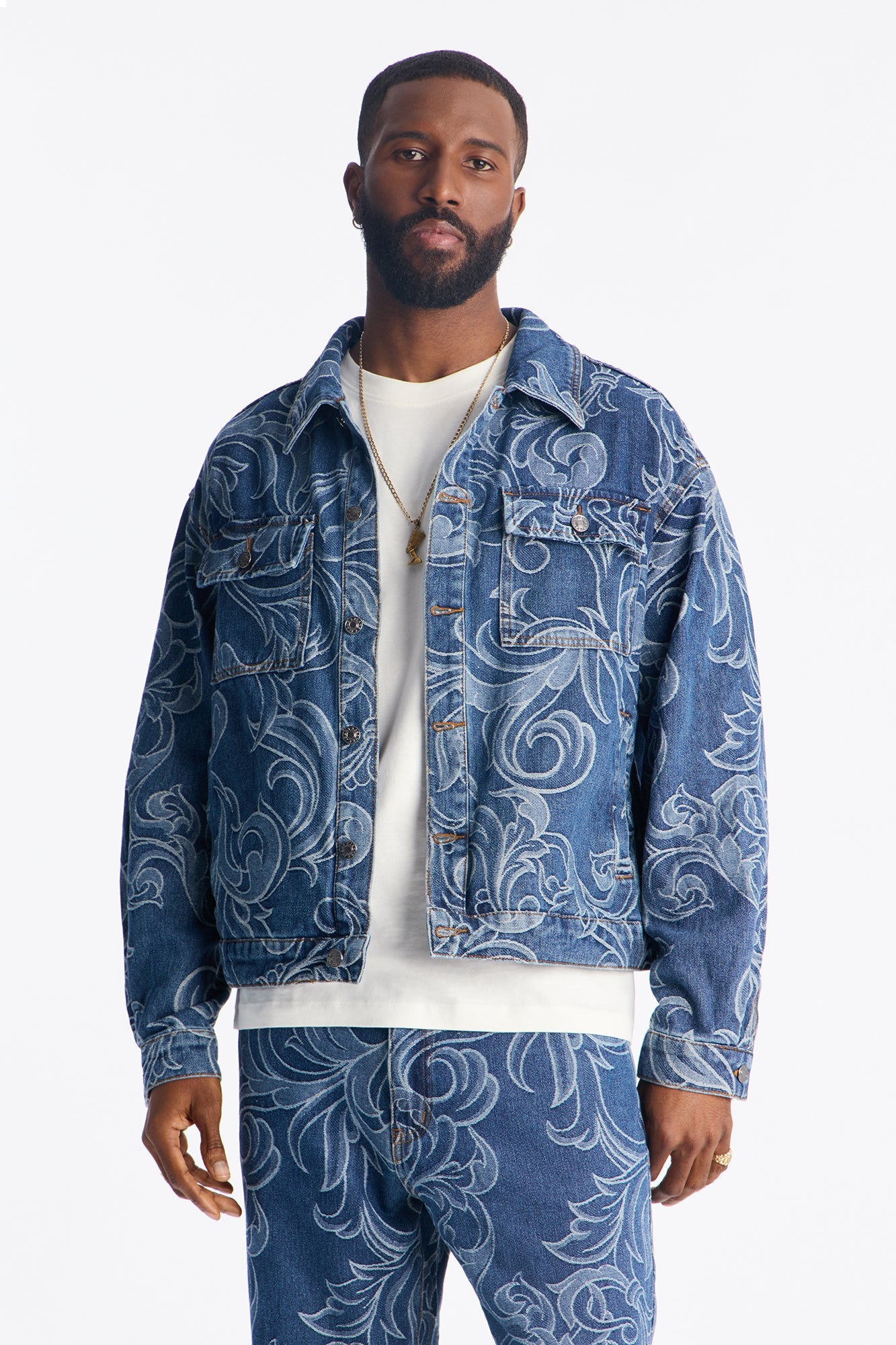 Relaxed Cropped Baroque Jacquard Denim Jacket - Medium Blue Wash