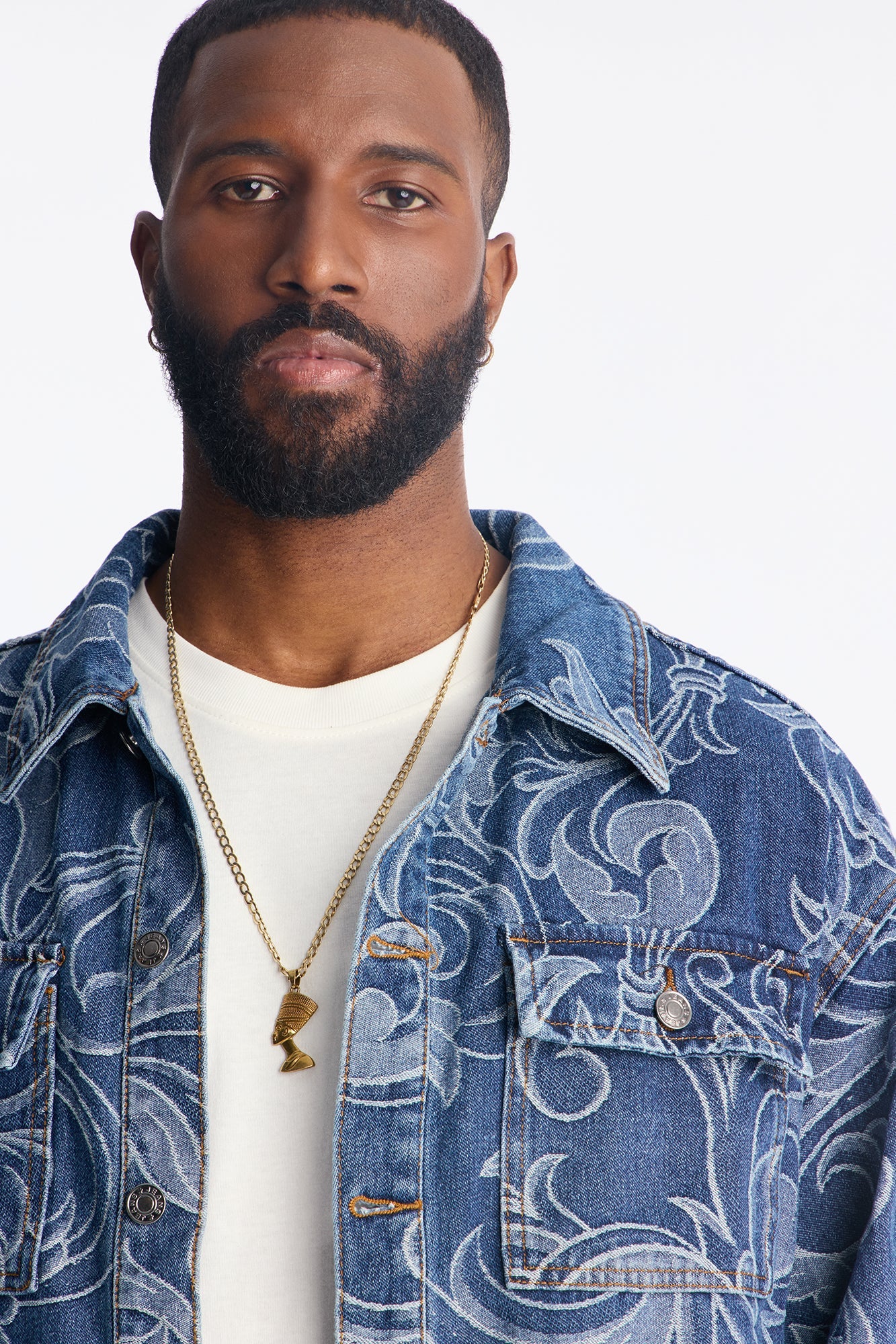 Relaxed Cropped Baroque Jacquard Denim Jacket - Medium Blue Wash