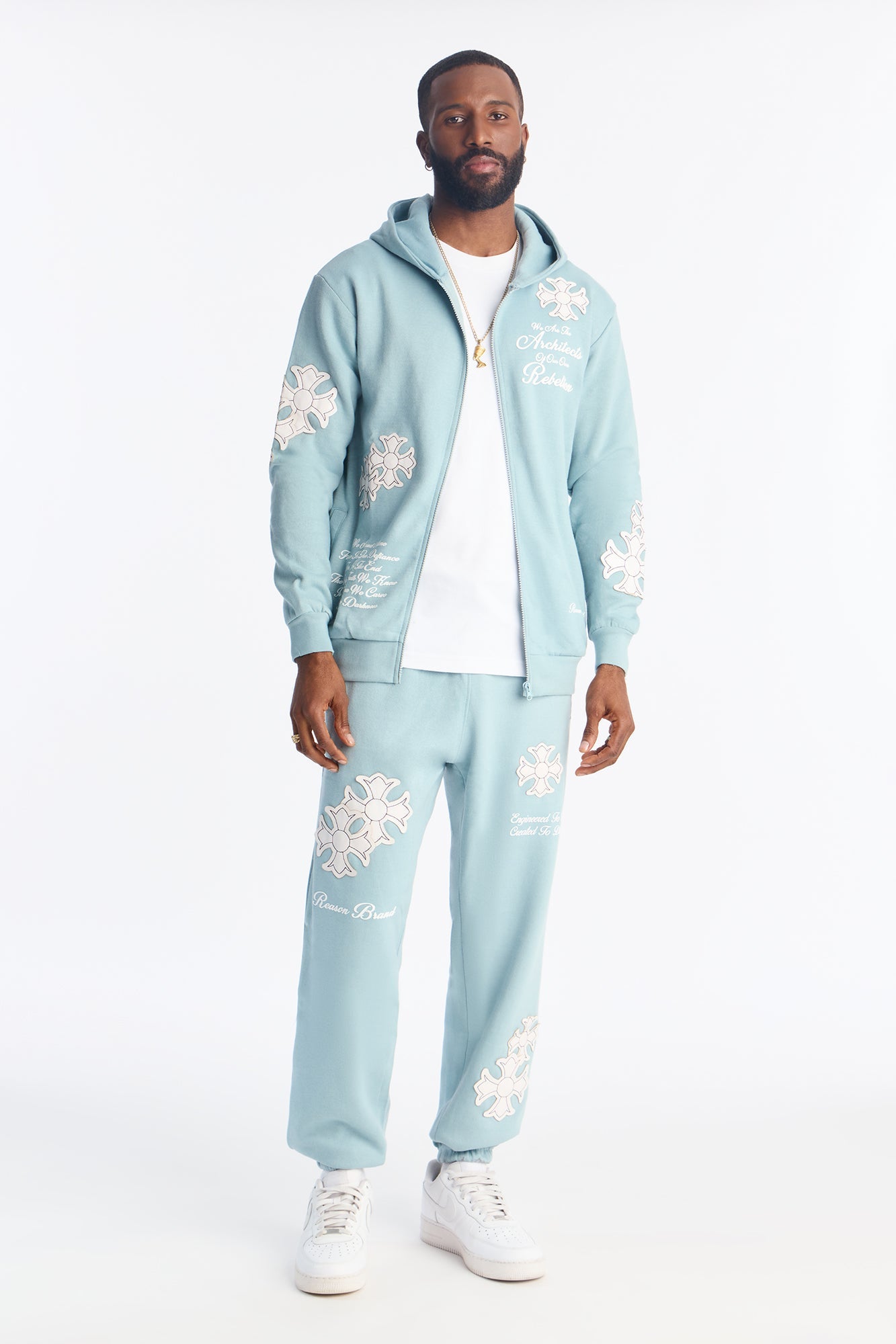 Rebellion Cross Applique Zip Up Hoodie - Light Blue