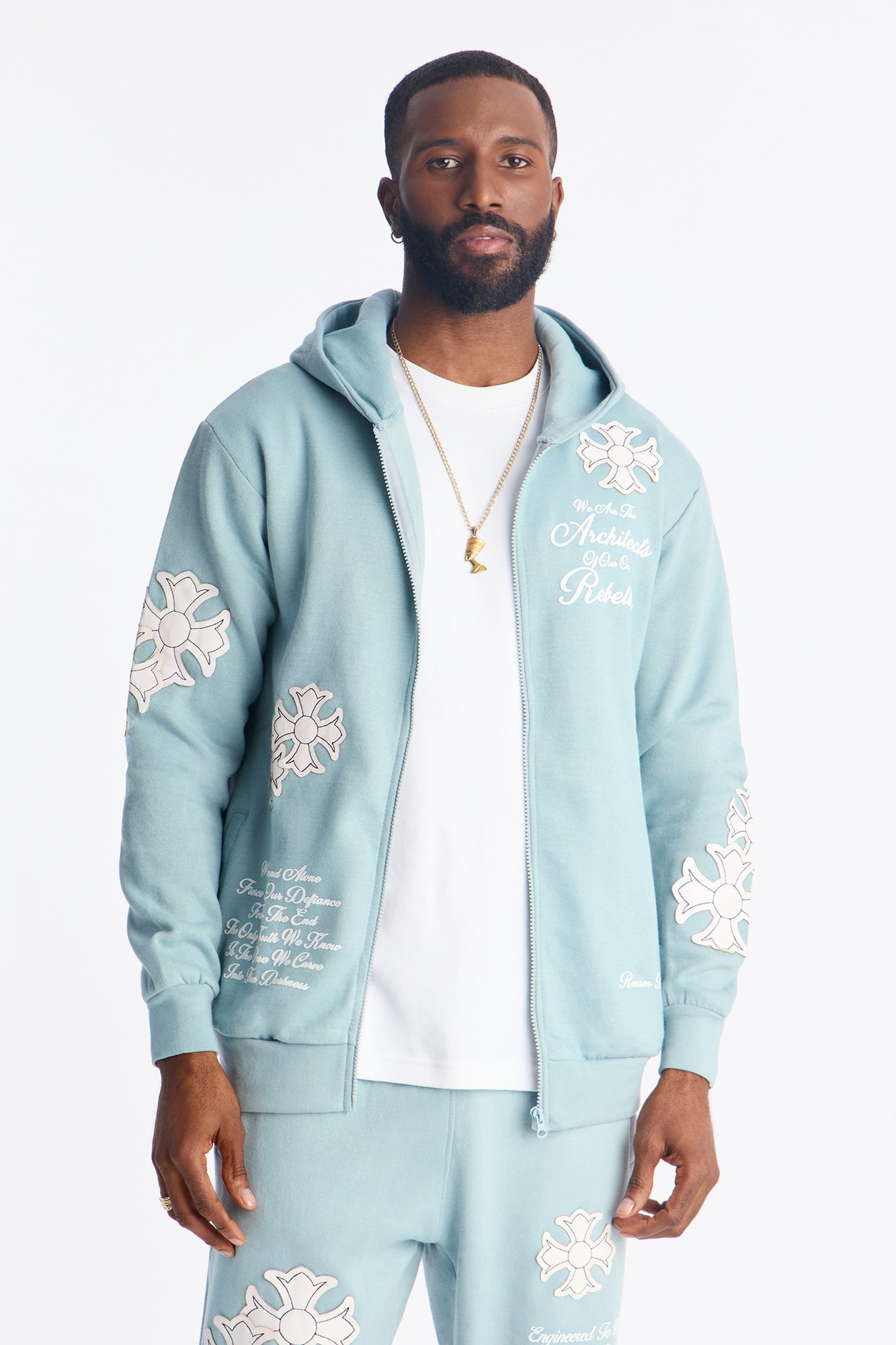 Rebellion Cross Applique Zip Up Hoodie - Light Blue