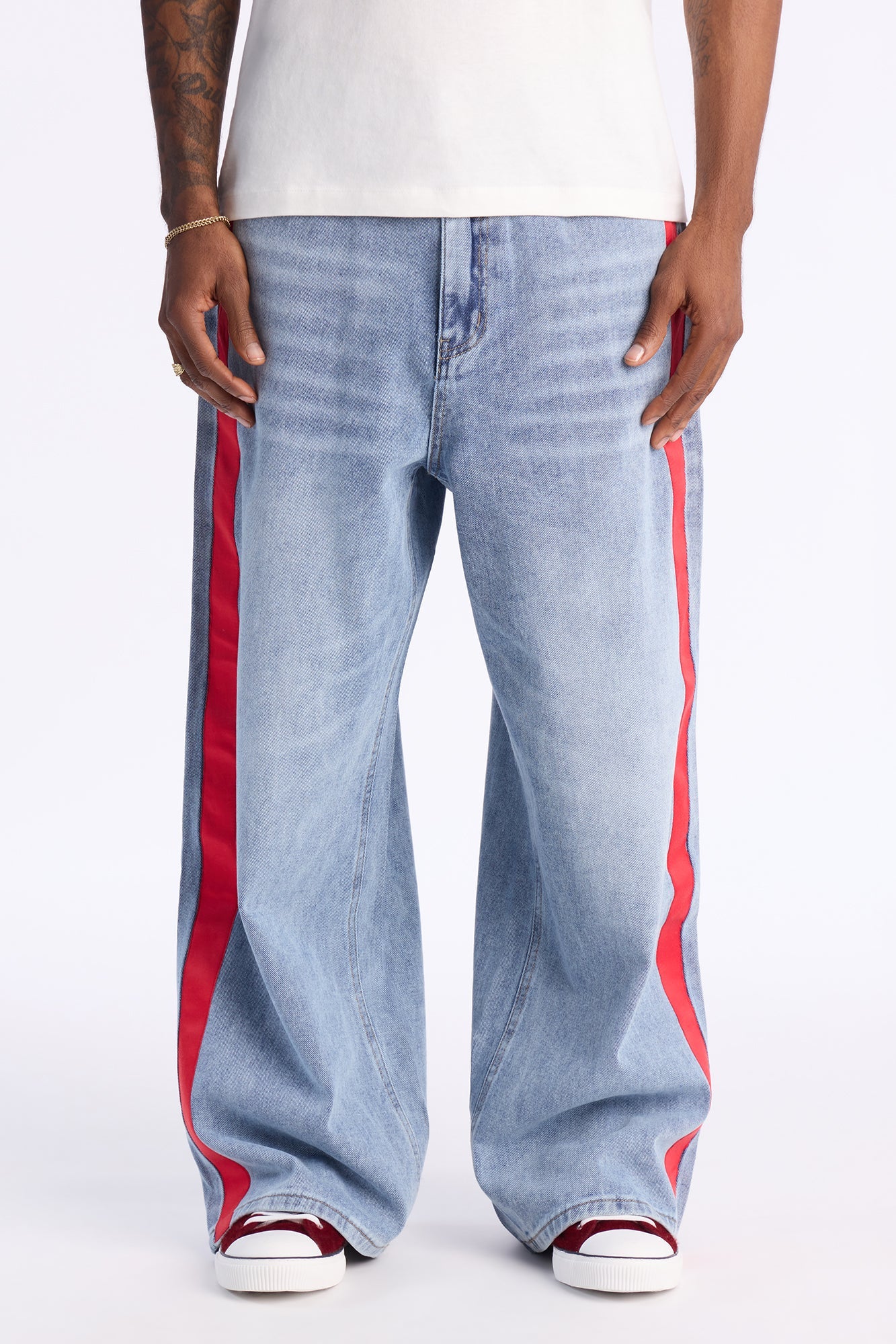 Baggy Wide Leg Tuxedo Stripe Jean - Light Blue Wash