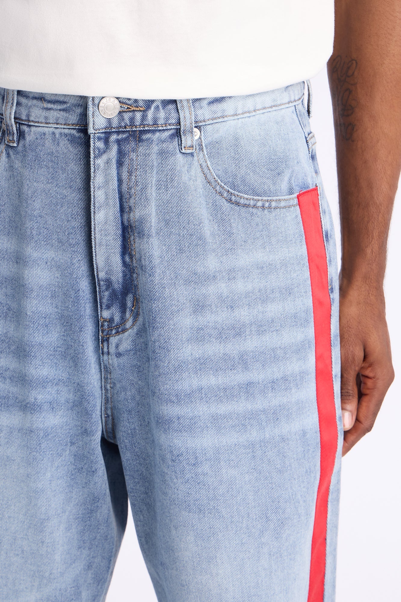 Baggy Wide Leg Tuxedo Stripe Jean - Light Blue Wash