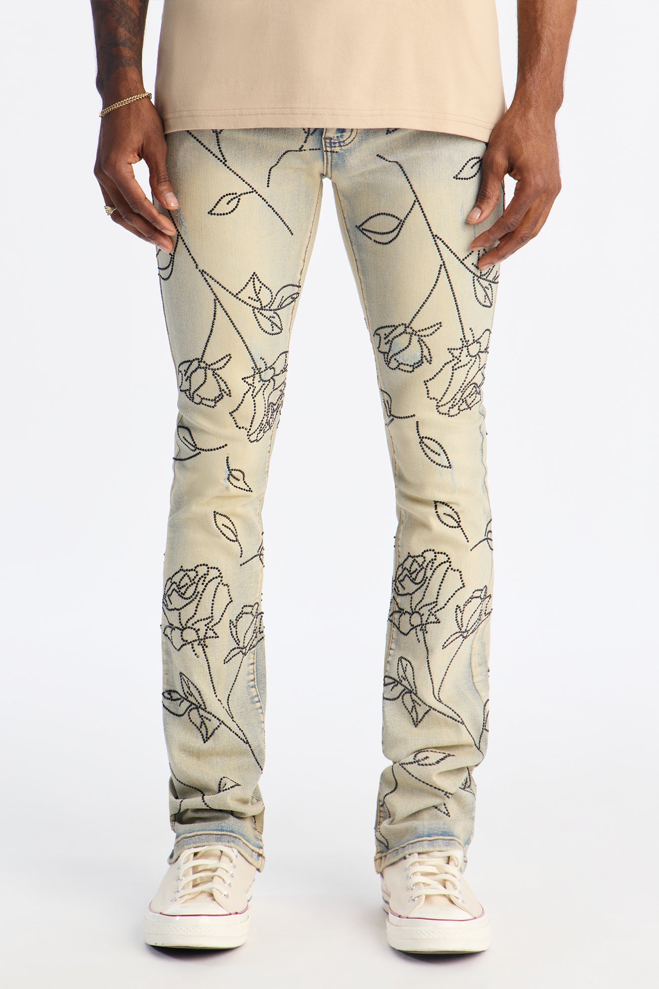 Stacked Skinny Flare Embroidered Falling Roses Jean - Light Wash